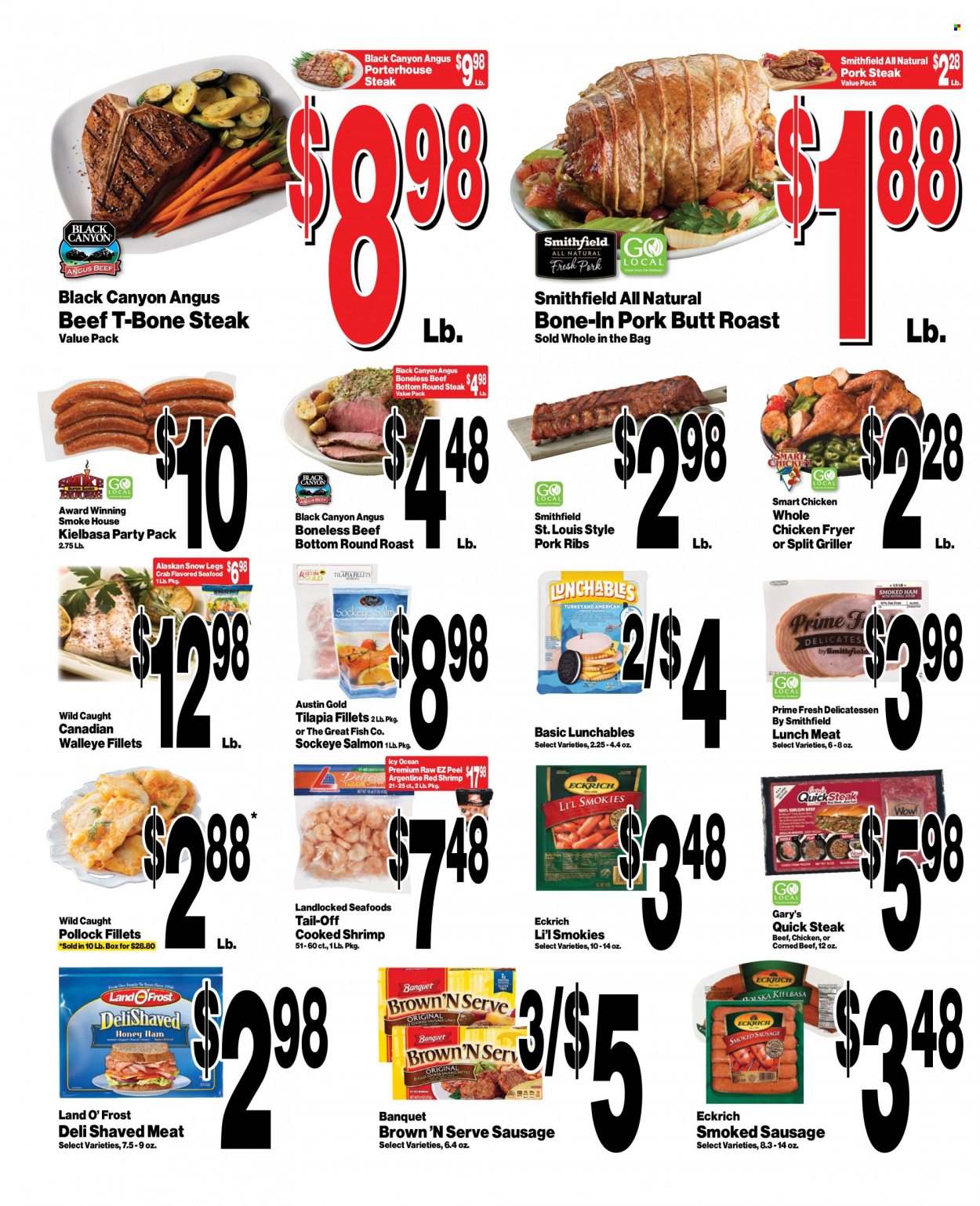 thumbnail - Super Saver Flyer - 03/22/2023 - 03/28/2023 - Sales products - salmon, tilapia, pollock, seafood, crab, fish, shrimps, walleye, Lunchables, roast, sausage, smoked sausage, Brown 'N Serve, kielbasa, lunch meat, corned beef, whole chicken, chicken, beef meat, t-bone steak, steak, round roast, round steak, ribs, pork chops, pork meat, pork ribs, pork butt. Page 2.