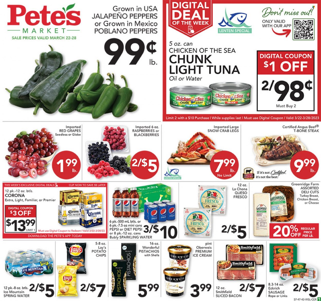 thumbnail - Pete's Fresh Market Flyer - 03/22/2023 - 03/28/2023 - Sales products - jalapeño, blackberries, grapes, tuna, crab legs, crab, bacon, sausage, queso fresco, ice cream, potato chips, chips, Lay’s, light tuna, Chicken of the Sea, pistachios, Pepsi, Diet Pepsi, spring water, sparkling water, Ice Mountain, water, beer, Corona Extra, turkey breast, chicken breasts, beef meat, t-bone steak, steak. Page 1.