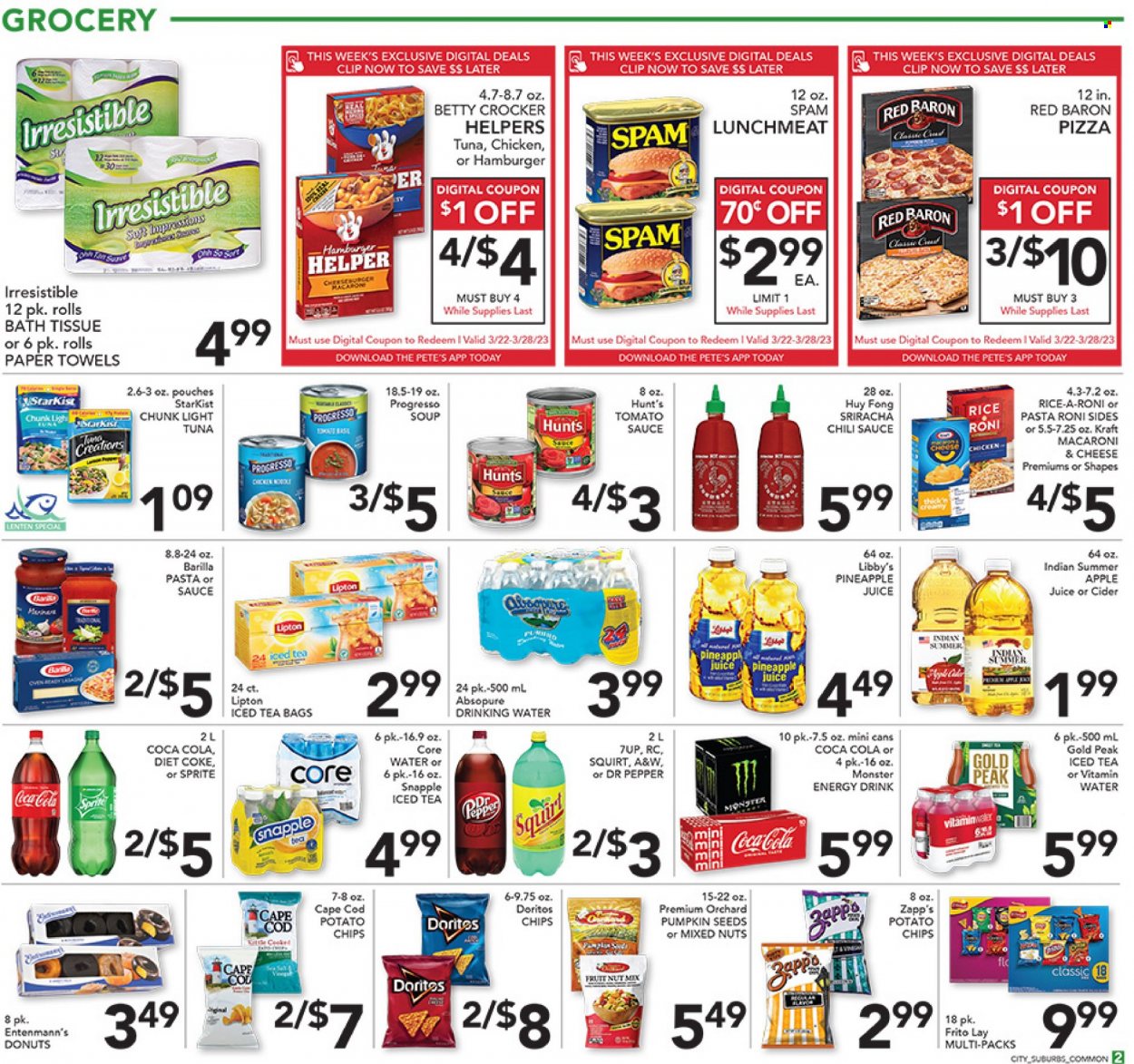 thumbnail - Pete's Fresh Market Flyer - 03/22/2023 - 03/28/2023 - Sales products - donut, macaroons, Entenmann's, pineapple, cod, StarKist, macaroni & cheese, cheeseburger, Barilla, noodles, Progresso, Kraft®, Spam, lunch meat, Red Baron, Doritos, potato chips, chips, tomato sauce, light tuna, rice, sriracha, chilli sauce, mixed nuts, pumpkin seeds, apple juice, Coca-Cola, Sprite, pineapple juice, juice, energy drink, Monster, Lipton, Dr. Pepper, Diet Coke, 7UP, Monster Energy, Snapple, A&W, Coke, vitamin water, water, tea bags, cider. Page 2.
