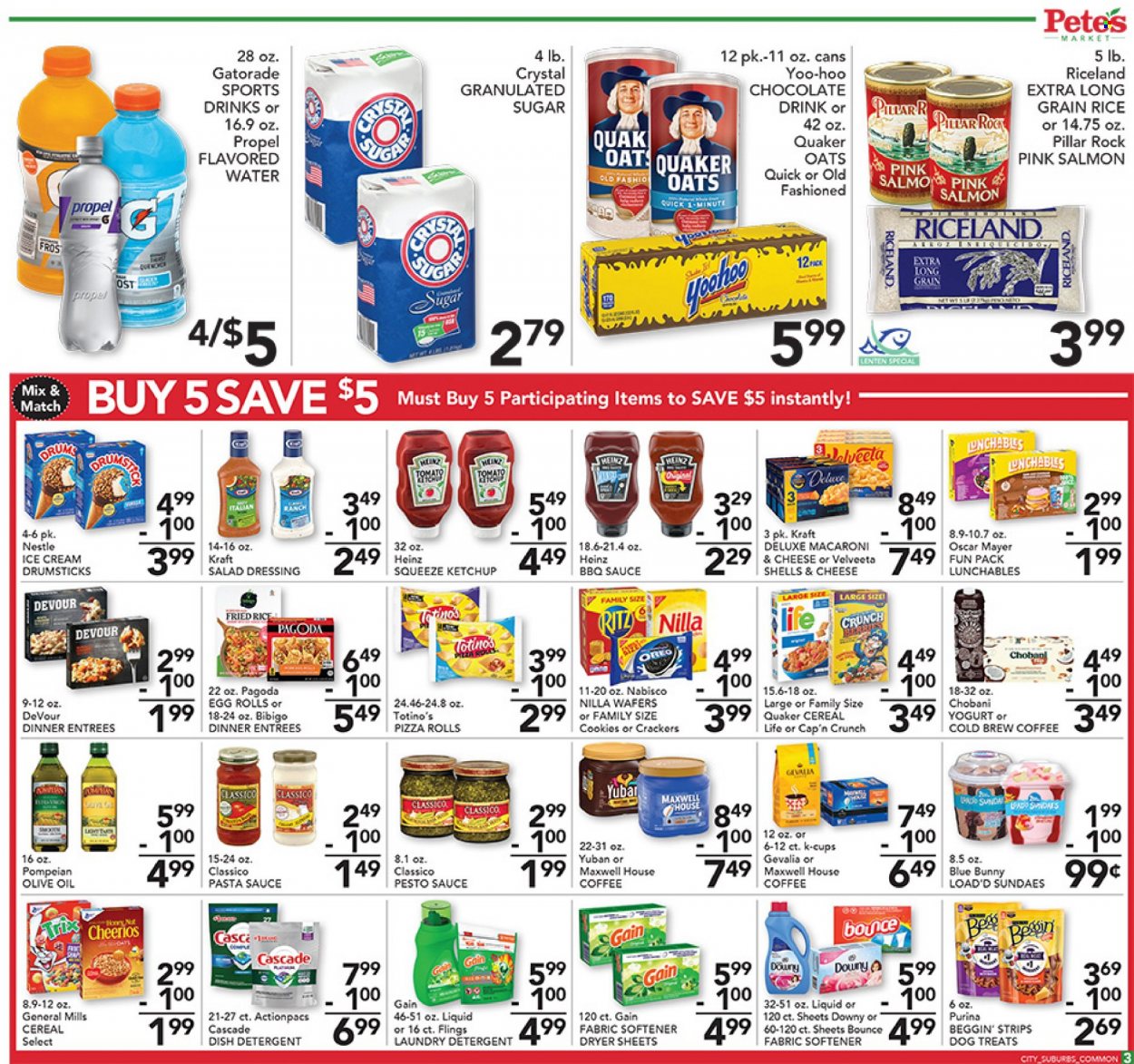 thumbnail - Pete's Fresh Market Flyer - 03/22/2023 - 03/28/2023 - Sales products - pizza rolls, salmon, macaroni & cheese, pizza, pasta sauce, sauce, egg rolls, Quaker, Lunchables, Kraft®, Oscar Mayer, Oreo, yoghurt, Chobani, ice cream, Blue Bunny, strips, Devour, cookies, Nestlé, wafers, crackers, RITZ, granulated sugar, sugar, oats, Heinz, cereals, Cheerios, Cap'n Crunch, long grain rice, BBQ sauce, salad dressing, ketchup, pesto, dressing, Classico, olive oil, oil, Gatorade, flavored water, water, chocolate drink, Maxwell House, coffee, coffee capsules, K-Cups, Gevalia. Page 3.