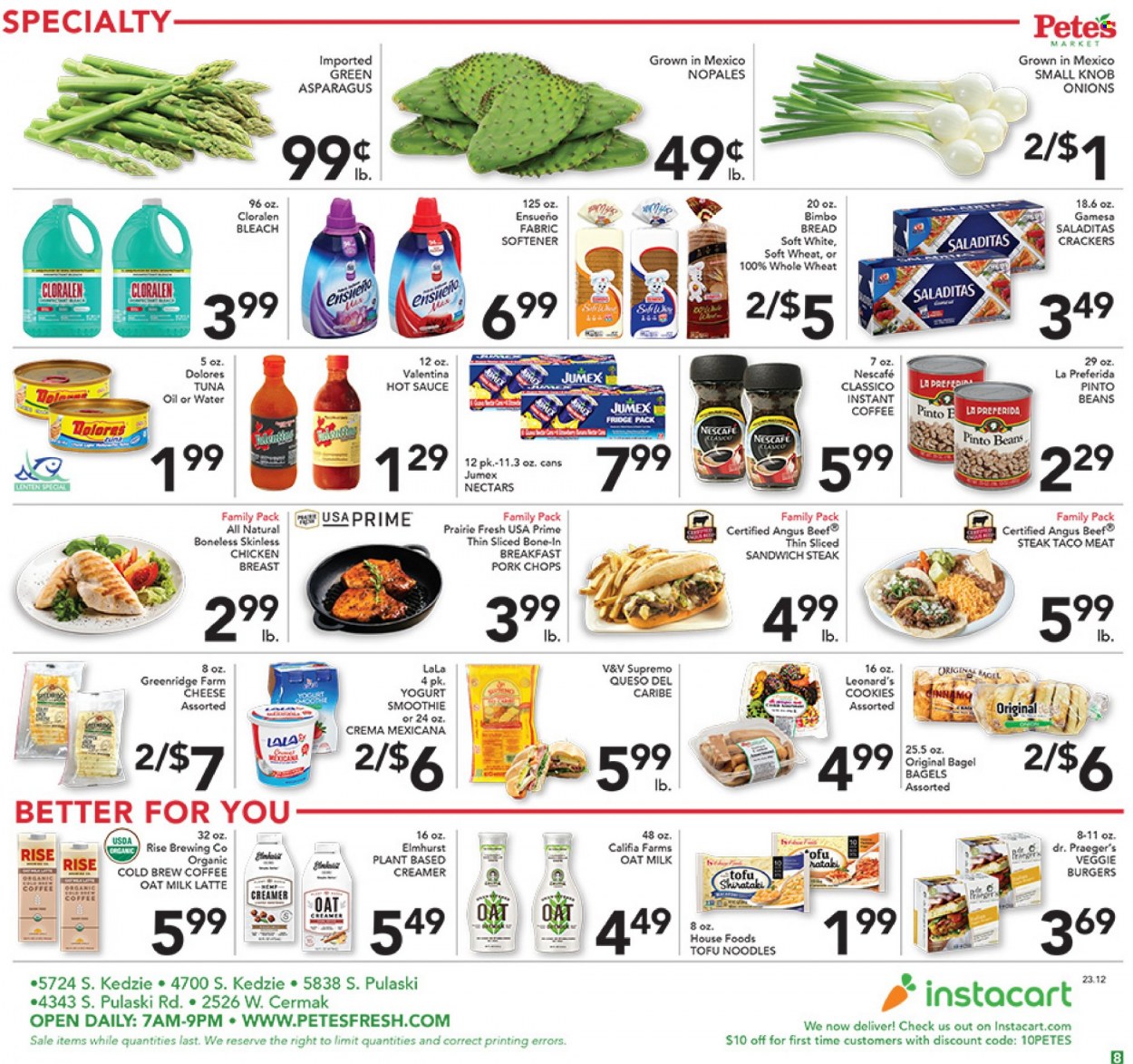 thumbnail - Pete's Fresh Market Flyer - 03/22/2023 - 03/28/2023 - Sales products - bagels, bread, asparagus, onion, tuna, sauce, noodles, veggie burger, cheese, tofu, milk, oat milk, creamer, cookies, crackers, pinto beans, hot sauce, Classico, smoothie, water, coffee, instant coffee, Nescafé, chicken breasts, chicken, beef meat, beef steak, steak, pork chops, pork meat. Page 9.