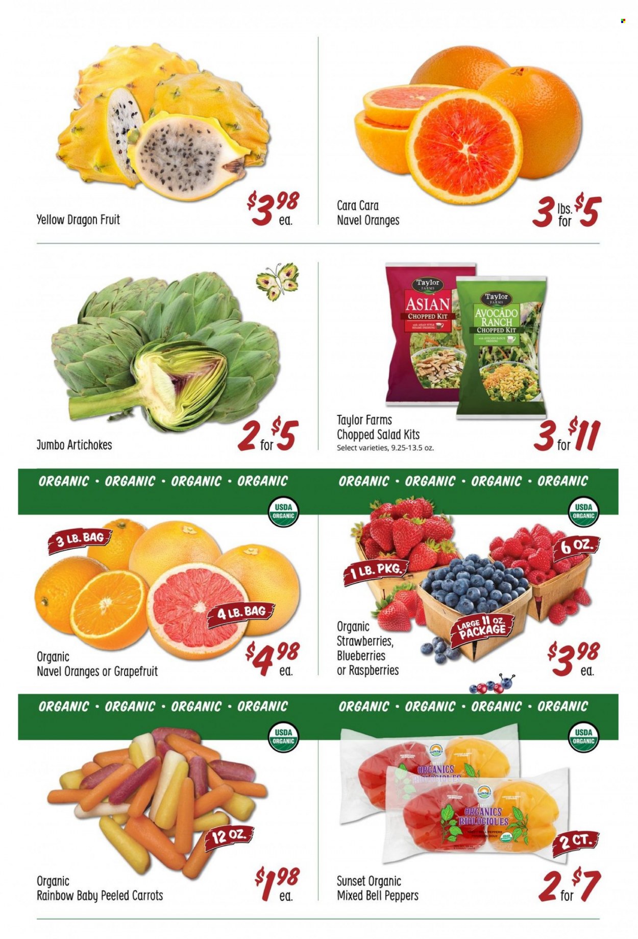 thumbnail - Sprouts Flyer - 03/22/2023 - 03/28/2023 - Sales products - artichoke, bell peppers, carrots, salad, peppers, chopped salad, avocado, blueberries, grapefruits, strawberries, oranges, dragon fruit, navel oranges. Page 4.