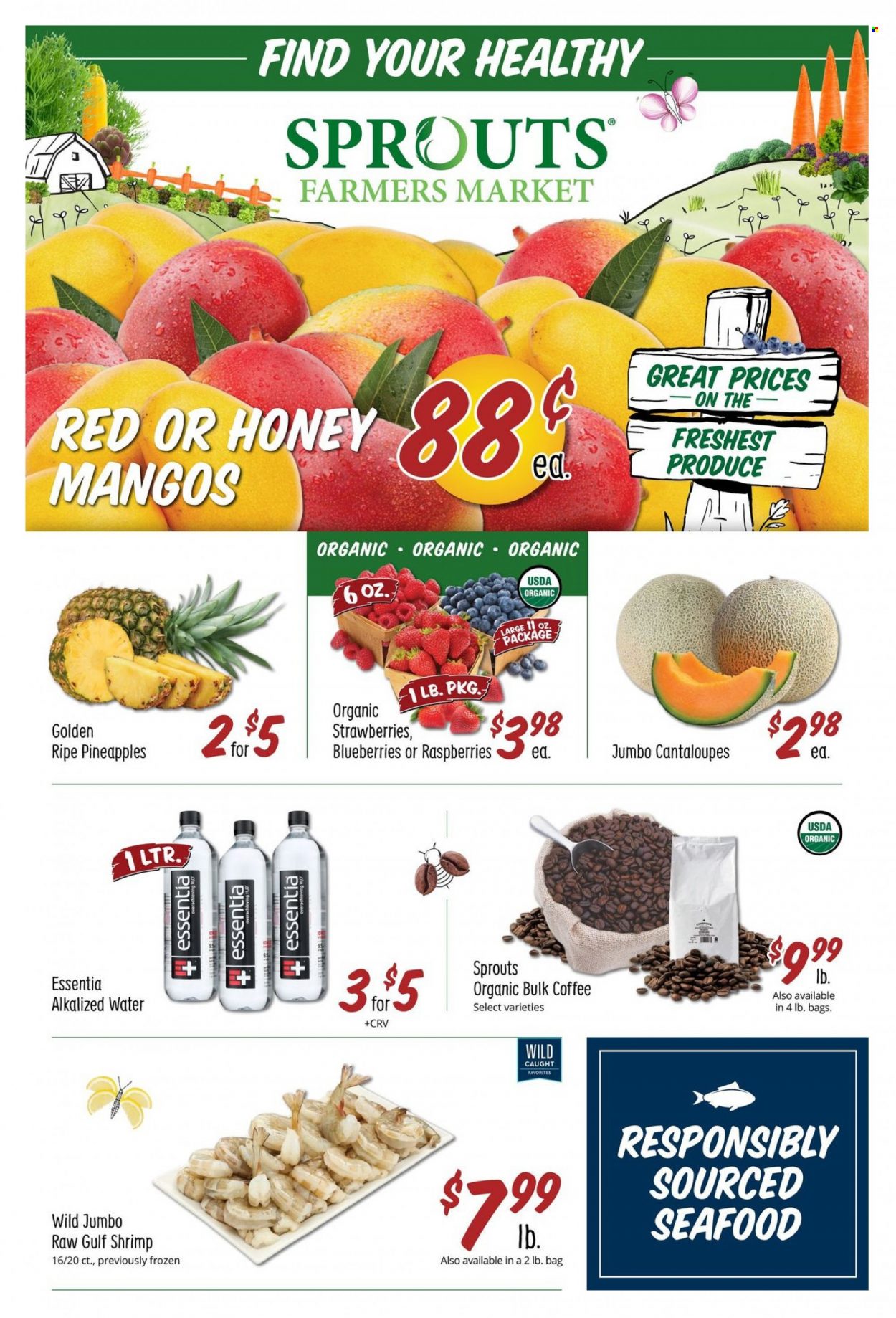thumbnail - Sprouts Flyer - 03/22/2023 - 03/28/2023 - Sales products - cantaloupe, blueberries, strawberries, pineapple, seafood, shrimps, water, coffee. Page 1.