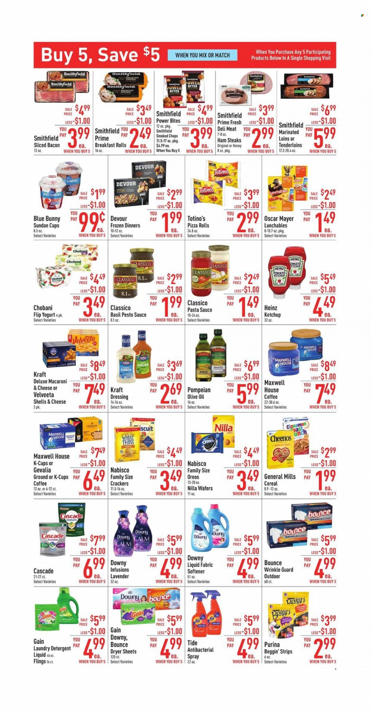 thumbnail - Strack & Van Til Flyer - 03/22/2023 - 03/28/2023 - Sales products - pizza rolls, pizza, pasta sauce, macaroni, sauce, Lunchables, Kraft®, roast, bacon, ham, Oscar Mayer, sausage, ham steaks, Oreo, yoghurt, Chobani, Blue Bunny, strips, Devour, wafers, crackers, Thins, Heinz, cereals, Cheerios, cinnamon, ketchup, pesto, dressing, Classico, basil pesto, extra virgin olive oil, olive oil, oil, Maxwell House, coffee, coffee capsules, K-Cups, Gevalia, steak, detergent, Gain, Cascade, Tide, fabric softener, laundry detergent, Bounce, dryer sheets, Downy Laundry. Page 4.