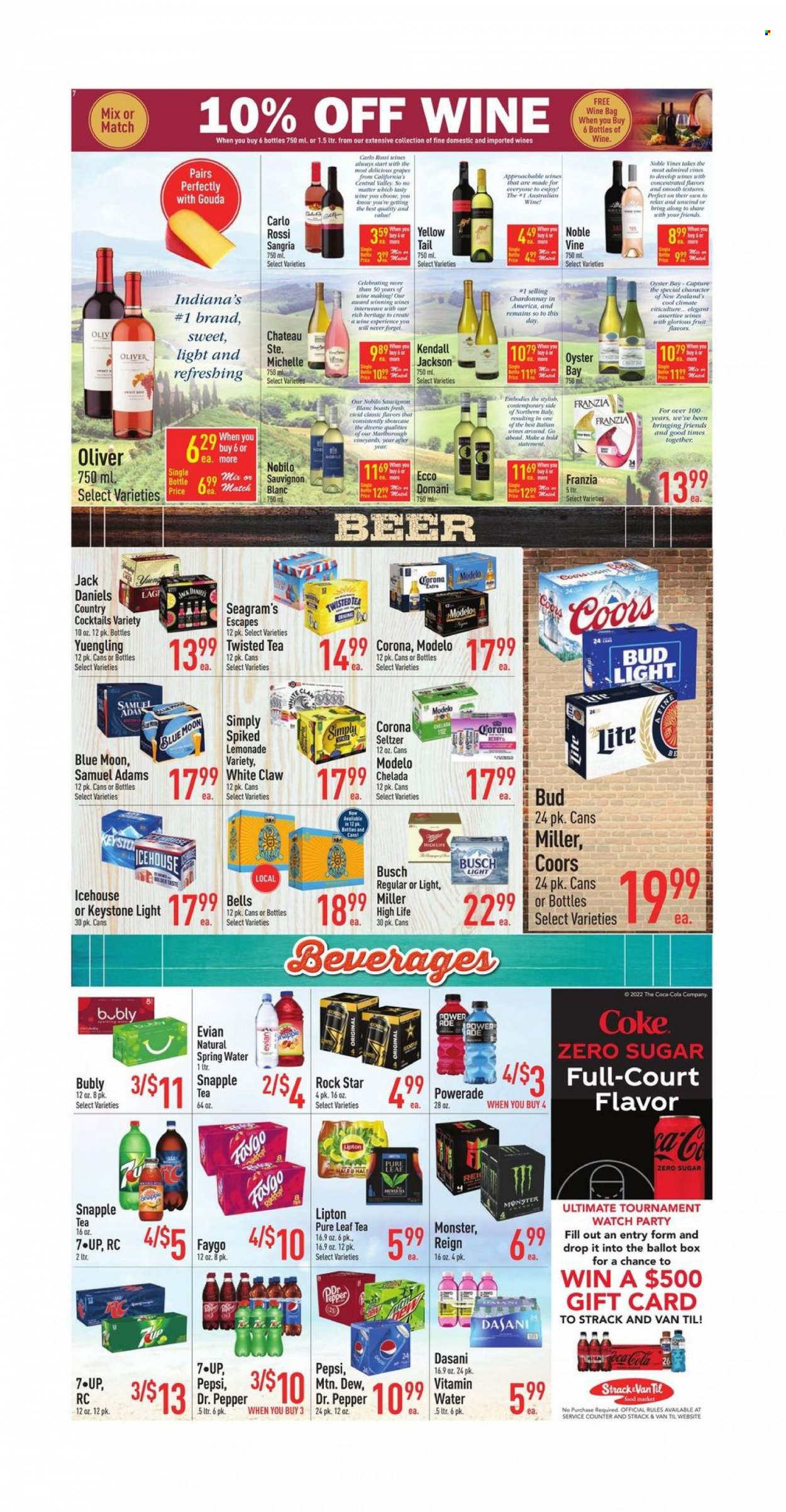 thumbnail - Strack & Van Til Flyer - 03/22/2023 - 03/28/2023 - Sales products - grapes, oysters, Jack Daniel's, gouda, pepper, lemonade, Mountain Dew, Powerade, Pepsi, Monster, Lipton, Dr. Pepper, Snapple, Coke, spring water, Evian, vitamin water, water, tea, Pure Leaf, white wine, Chardonnay, wine, Sauvignon Blanc, White Claw, beer, Busch, Bud Light, Corona Extra, Miller, Keystone, Modelo, Coors, Blue Moon, Twisted Tea, Yuengling. Page 7.