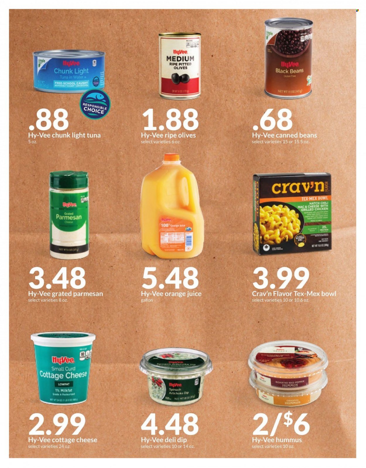 thumbnail - Hy-Vee Flyer - 03/22/2023 - 03/28/2023 - Sales products - beans, tuna, hummus, cottage cheese, parmesan, dip, black beans, tuna in water, olives, light tuna, orange juice, juice, water, chicken, bowl. Page 9.