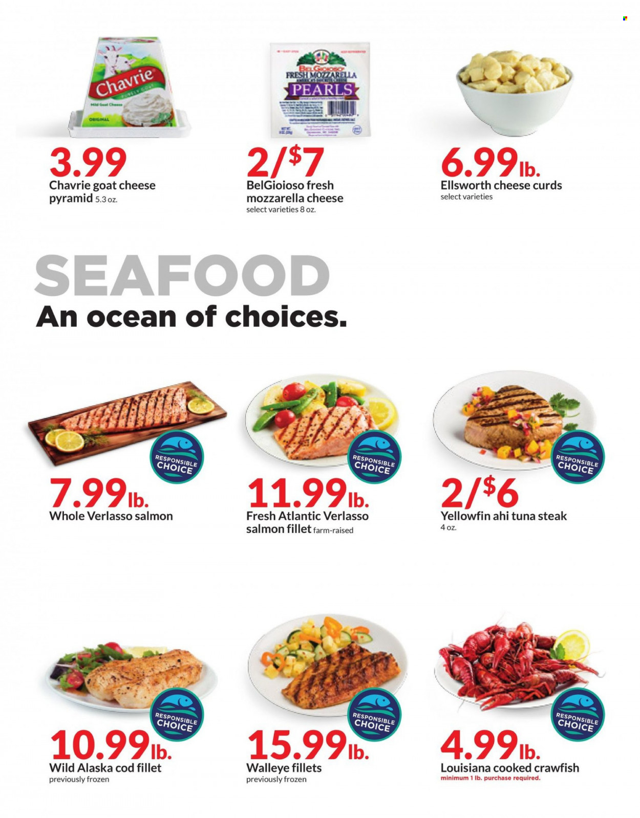 thumbnail - Hy-Vee Flyer - 03/22/2023 - 03/28/2023 - Sales products - cod, salmon, salmon fillet, tuna, seafood, walleye, goat cheese, mozzarella, cheese, cheese curd, crawfish, tuna steak, steak. Page 22.