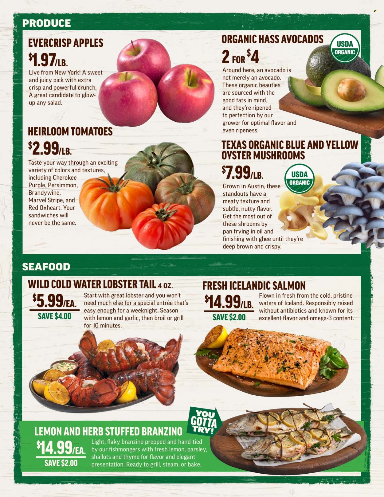 thumbnail - Central Market Flyer - 03/22/2023 - 03/28/2023 - Sales products - oyster mushrooms, mushrooms, garlic, shallots, tomatoes, parsley, apples, avocado, persimmons, lobster, salmon, oysters, seafood, lobster tail, sandwich, ghee, water, pan. Page 3.