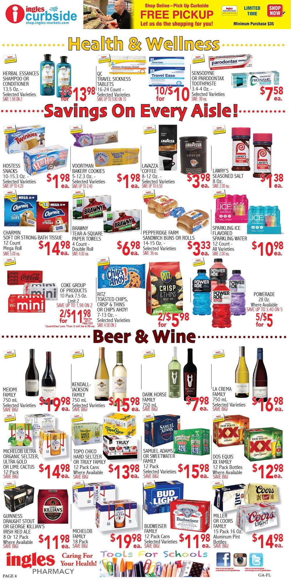 thumbnail - Ingles Flyer - 03/22/2023 - 03/28/2023 - Sales products - buns, sandwich, cookies, wafers, snack, Chips Ahoy!, RITZ, chips, Thins, oatmeal, salt, Coca-Cola, Powerade, Coke, sparkling water, water, coffee, Lavazza, wine, Hard Seltzer, beer, Bud Light, Guinness, Miller, Lager, bath tissue, kitchen towels, paper towels, Charmin, shampoo, toothpaste, Sensodyne, conditioner, cactus, Budweiser, Coors, Dos Equis, Michelob. Page 4.