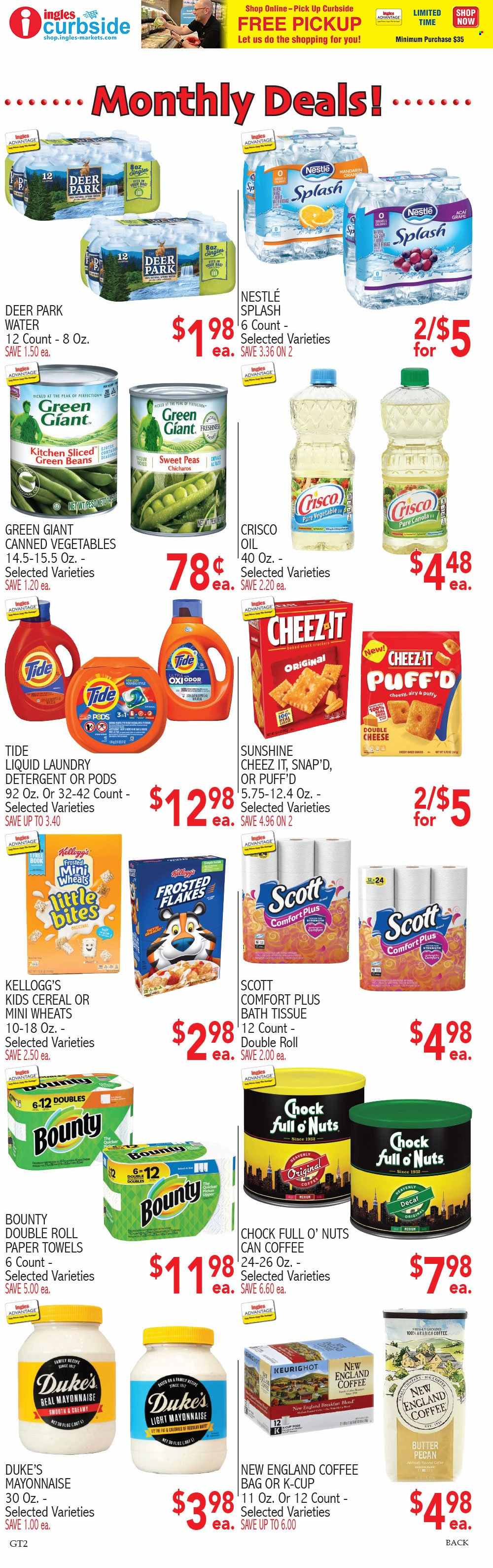 thumbnail - Ingles Flyer - 03/22/2023 - 03/28/2023 - Sales products - green beans, mandarines, cheese, butter, Sunshine, mayonnaise, Nestlé, snack, Bounty, crackers, Kellogg's, Little Bites, Crisco, canned vegetables, cereals, Frosted Flakes, oil, water, coffee, coffee capsules, K-Cups, breakfast blend, bath tissue, Scott, kitchen towels, paper towels, detergent, Tide, laundry detergent. Page 8.
