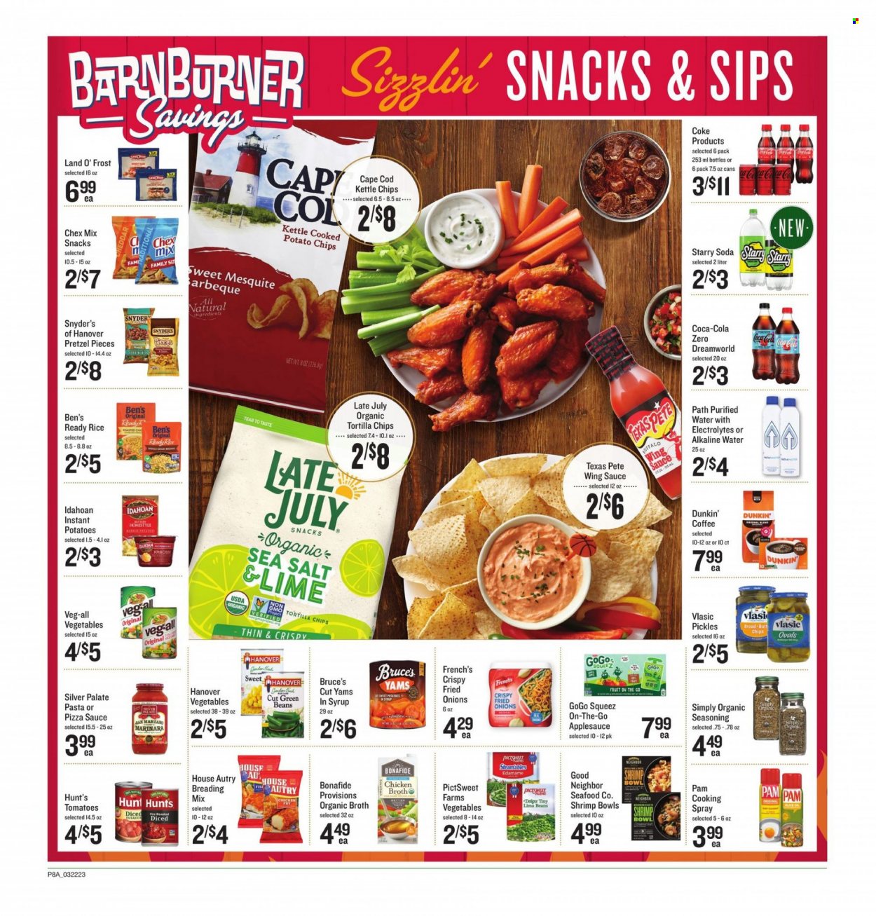 thumbnail - Lowes Foods Flyer - 03/22/2023 - 03/28/2023 - Sales products - pretzels, green beans, cod, seafood, shrimps, lima beans, snack, tortilla chips, potato chips, chips, Chex Mix, Kettle chips, chicken broth, broth, pickles, spice, wing sauce, cooking spray, olive oil, oil, apple sauce, Coca-Cola, Coca-Cola zero, Coke, soda, purified water, alkaline water, water, coffee. Page 8.