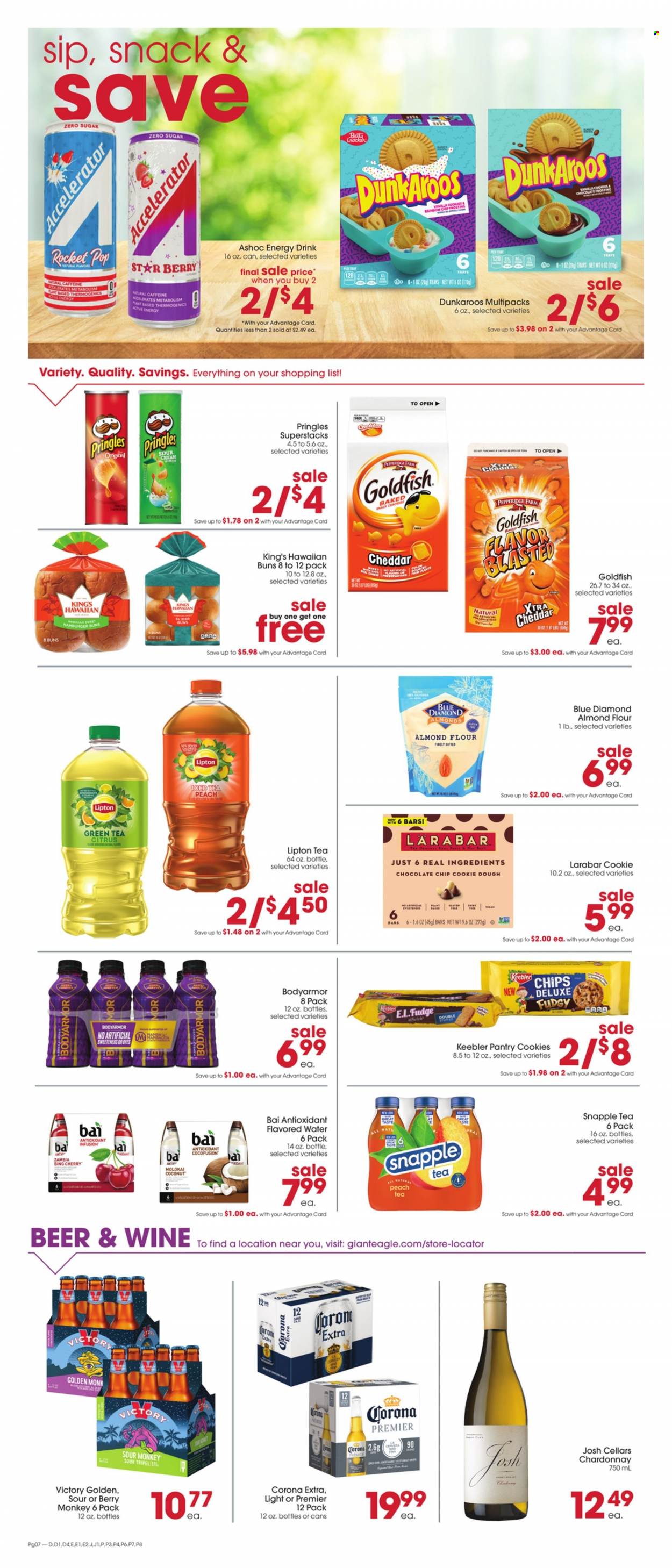 thumbnail - Giant Eagle Flyer - 03/23/2023 - 03/29/2023 - Sales products - buns, burger buns, cherries, coconut, cookie dough, cookies, fudge, chocolate chips, snack, crackers, Keebler, Pringles, chips, Goldfish, flour, frosting, almond flour, Blue Diamond, energy drink, Lipton, ice tea, Snapple, Bai, flavored water, water, green tea, Chardonnay, wine, beer, Corona Extra, Victory Golden, XTRA. Page 5.