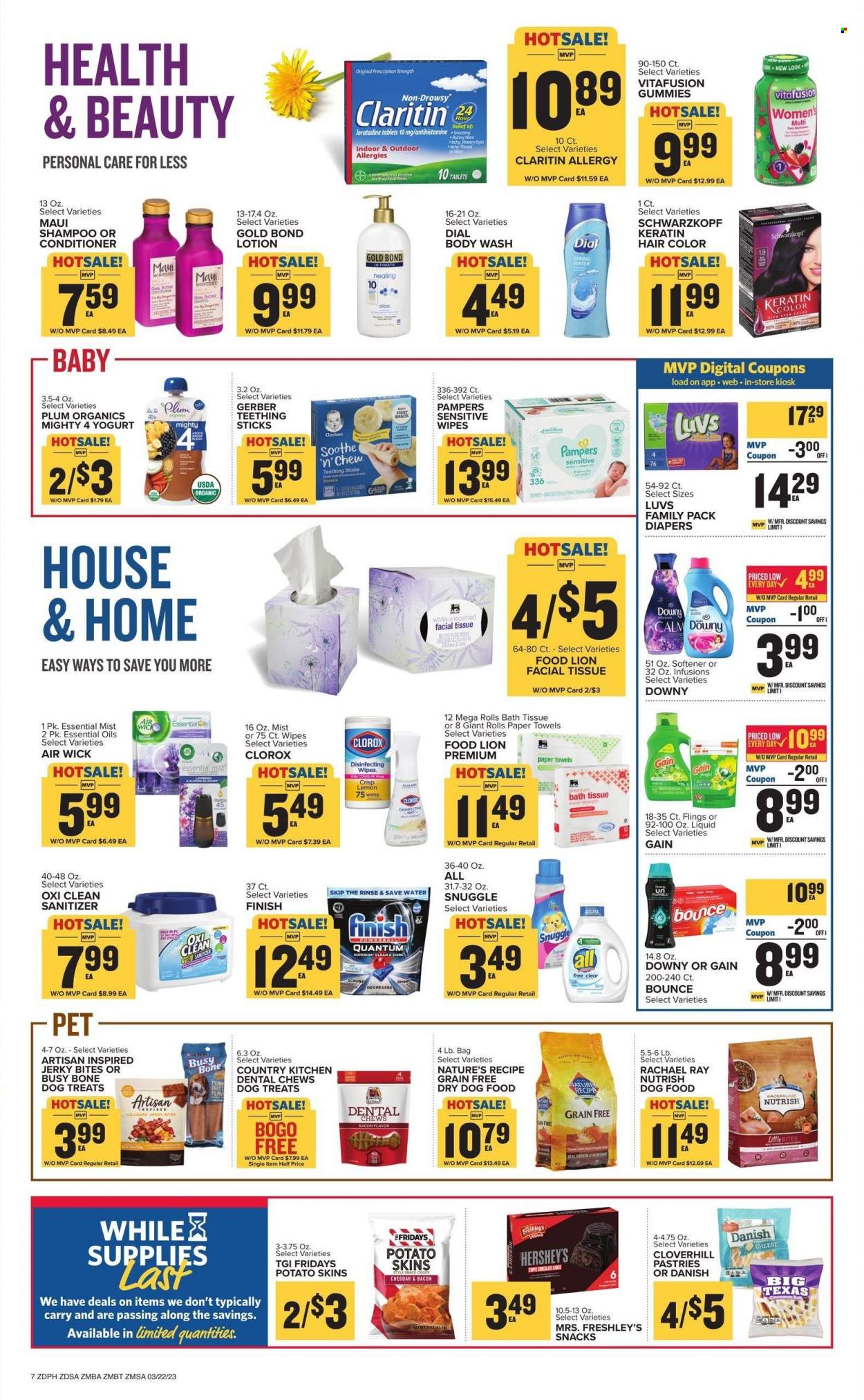 thumbnail - Food Lion Flyer - 03/22/2023 - 03/28/2023 - Sales products - jerky, cheese, yoghurt, Hershey's, snack, chewing gum, Little Bites, Gerber, water, wipes, Pampers, nappies, bath tissue, kitchen towels, paper towels, Gain, Clorox, Snuggle, fabric softener, Bounce, body wash, shampoo, Schwarzkopf, Dial, conditioner, hair color, keratin, body lotion, Air Wick, essential oils, animal food, dry dog food, dental chews, dog food, Nutrish, Vitafusion. Page 7.