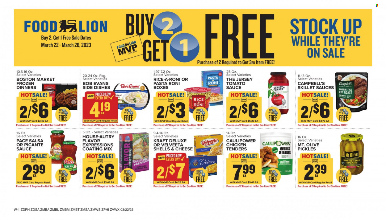 thumbnail - Food Lion Flyer - 03/22/2023 - 03/28/2023 - Sales products - Campbell's, chicken tenders, Kraft®, Bob Evans, roast, tomato sauce, pickles, rice, dill, salsa, chicken, pot. Page 9.