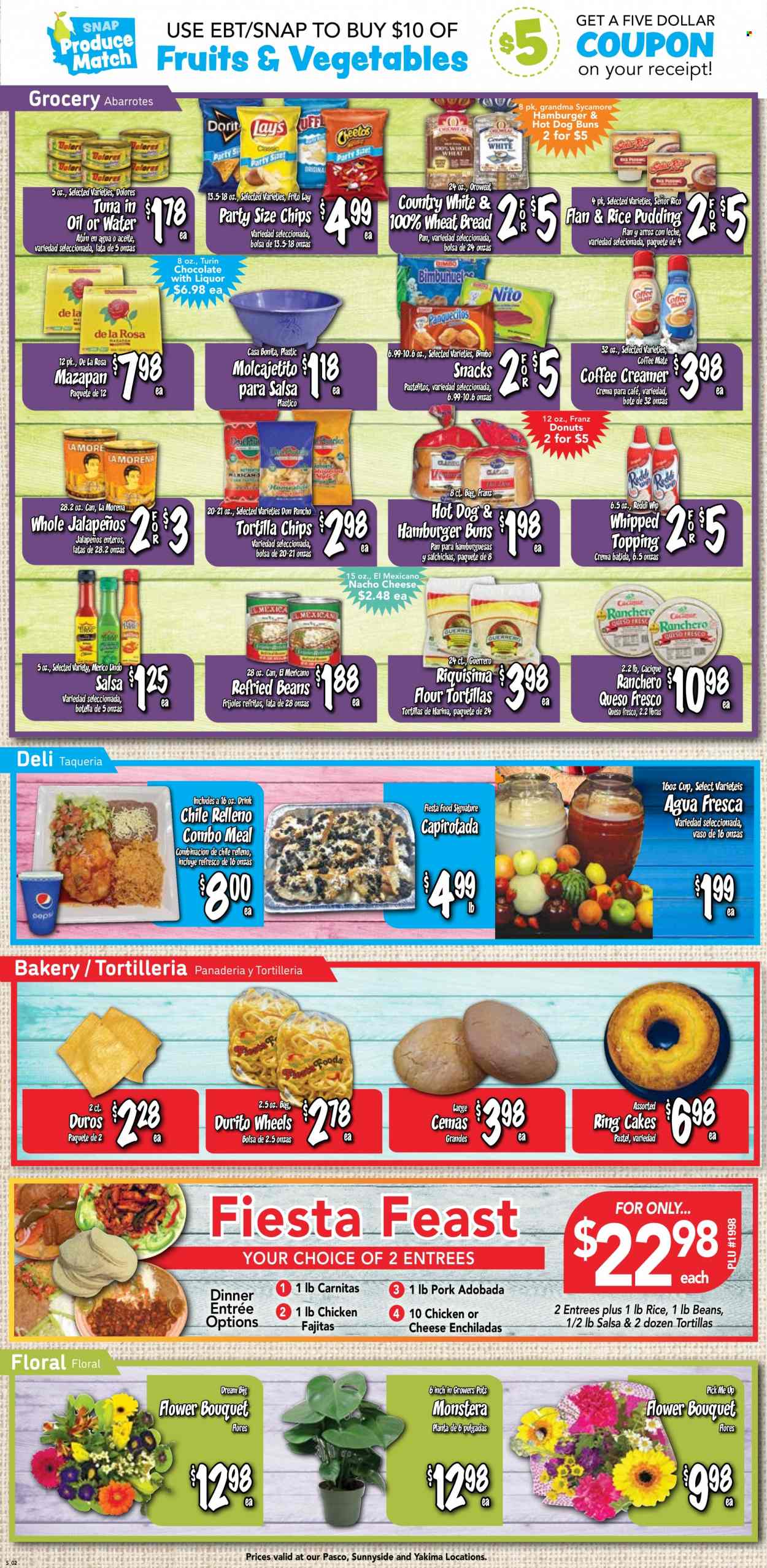thumbnail - Fiesta Foods SuperMarkets Flyer - 03/22/2023 - 03/28/2023 - Sales products - wheat bread, cake, buns, burger buns, flour tortillas, donut, tuna, enchiladas, fajita, queso fresco, rice pudding, Coffee-Mate, creamer, snack, tortilla chips, Cheetos, chips, topping, refried beans, salsa, water, liquor, chicken. Page 2.