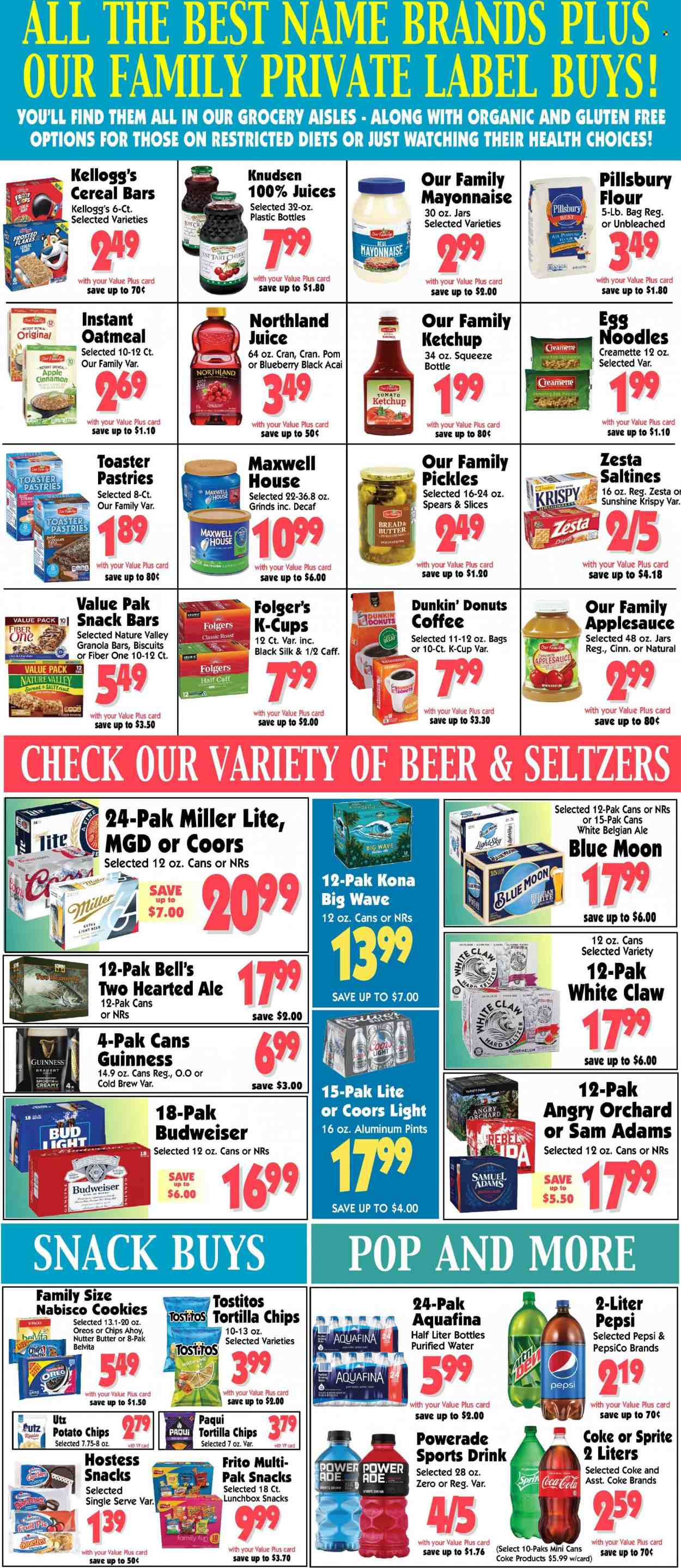 thumbnail - Al's Supermarket Flyer - 03/22/2023 - 03/28/2023 - Sales products - pie, Dunkin' Donuts, watermelon, cherries, Pillsbury, dumplings, noodles, roast, Oreo, Silk, Sunshine, mayonnaise, cookies, cereal bar, Kellogg's, biscuit, snack bar, tortilla chips, potato chips, chips, saltines, Tostitos, all purpose flour, oatmeal, pickles, cereals, granola bar, Frosted Flakes, belVita, Nature Valley, Fiber One, egg noodles, Creamette, cinnamon, ketchup, apple sauce, Coca-Cola, Sprite, Powerade, Pepsi, juice, Coke, Aquafina, purified water, water, Maxwell House, coffee, Folgers, coffee capsules, K-Cups, White Claw, beer, Guinness, Lager, WAVE, Olay, jar, meal box, Budweiser, Miller Lite, Coors, Blue Moon. Page 4.