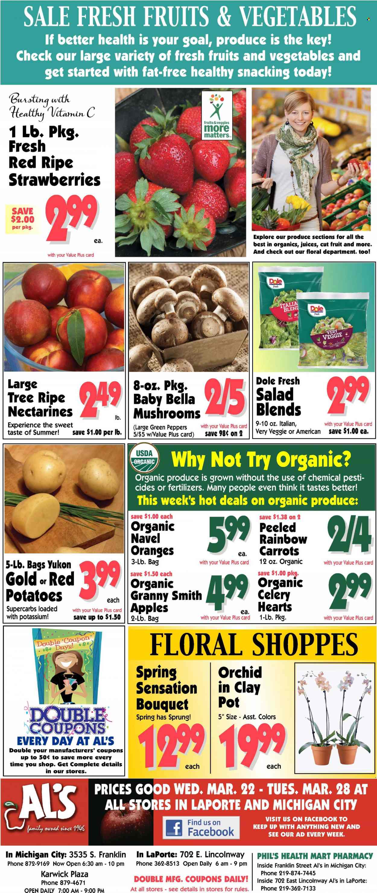 thumbnail - Al's Supermarket Flyer - 03/22/2023 - 03/28/2023 - Sales products - mushrooms, carrots, celery, potatoes, salad, Dole, peppers, red potatoes, sleeved celery, apples, strawberries, oranges, Granny Smith, juice, pot, bouquet, nectarines, navel oranges. Page 6.