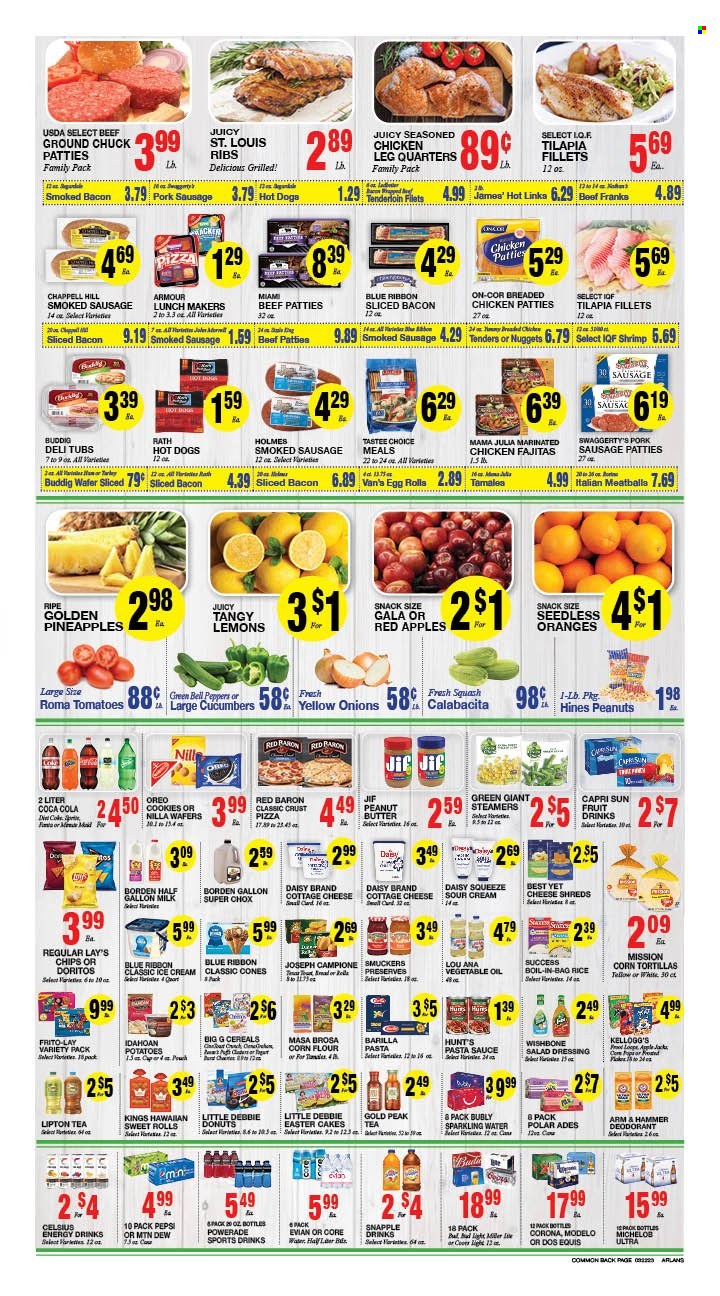 thumbnail - Arlan's Market Flyer - 03/22/2023 - 03/28/2023 - Sales products - corn tortillas, tortillas, cake, donut, sweet rolls, bell peppers, Bella, cucumber, onion, peppers, apples, Gala, pineapple, oranges, tilapia, shrimps, hot dog, pizza, pasta sauce, meatballs, nuggets, sauce, egg rolls, fried chicken, Barilla, fajita, bacon, sausage, smoked sausage, pork sausage, cottage cheese, milk, sour cream, ice cream, chicken patties, Red Baron, cookies, wafers, snack, Kellogg's, Doritos, chips, Lay’s, Frito-Lay, ARM & HAMMER, corn flour, cereals, rice, salad dressing, pesto, dressing, vegetable oil, oil, Jif, peanuts, Capri Sun, Coca-Cola, Mountain Dew, Powerade, Pepsi, energy drink, Lipton, Diet Coke, Snapple, Gold Peak Tea, Coke, sparkling water, Evian, water, tea, beer, Corona Extra, Miller, Modelo, chicken legs, marinated chicken, chicken, ground chuck, ribs, anti-perspirant, deodorant, Dos Equis, Michelob, lemons. Page 2.