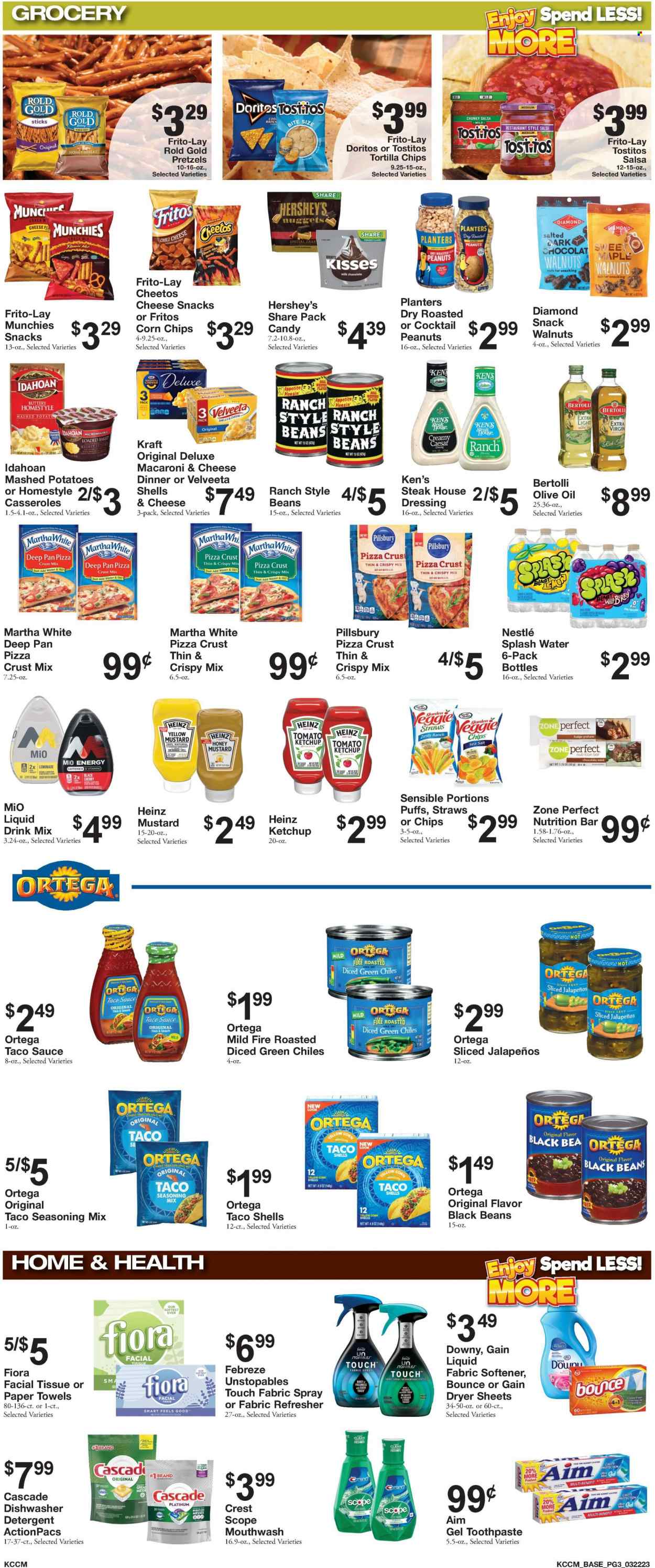 thumbnail - Bratchers Market Flyer - 03/22/2023 - 03/28/2023 - Sales products - pretzels, puffs, beans, cherries, macaroni & cheese, mashed potatoes, pizza, nuggets, sauce, Pillsbury, Kraft®, Bertolli, ranch dressing, Hershey's, fudge, milk chocolate, Nestlé, chocolate, snack, Doritos, Fritos, tortilla chips, Cheetos, chips, corn chips, Frito-Lay, Tostitos, black beans, Heinz, Zone Perfect, spice, caesar dressing, mustard, taco sauce, honey mustard, ketchup, dressing, salsa, extra virgin olive oil, olive oil, oil, roasted peanuts, walnuts, peanuts, Planters, lemonade, flavored water, water, steak, tissues, kitchen towels, paper towels, detergent, Febreze, Gain, Cascade, Unstopables, fabric softener, dryer sheets, toothpaste, mouthwash, Crest, refresher. Page 3.