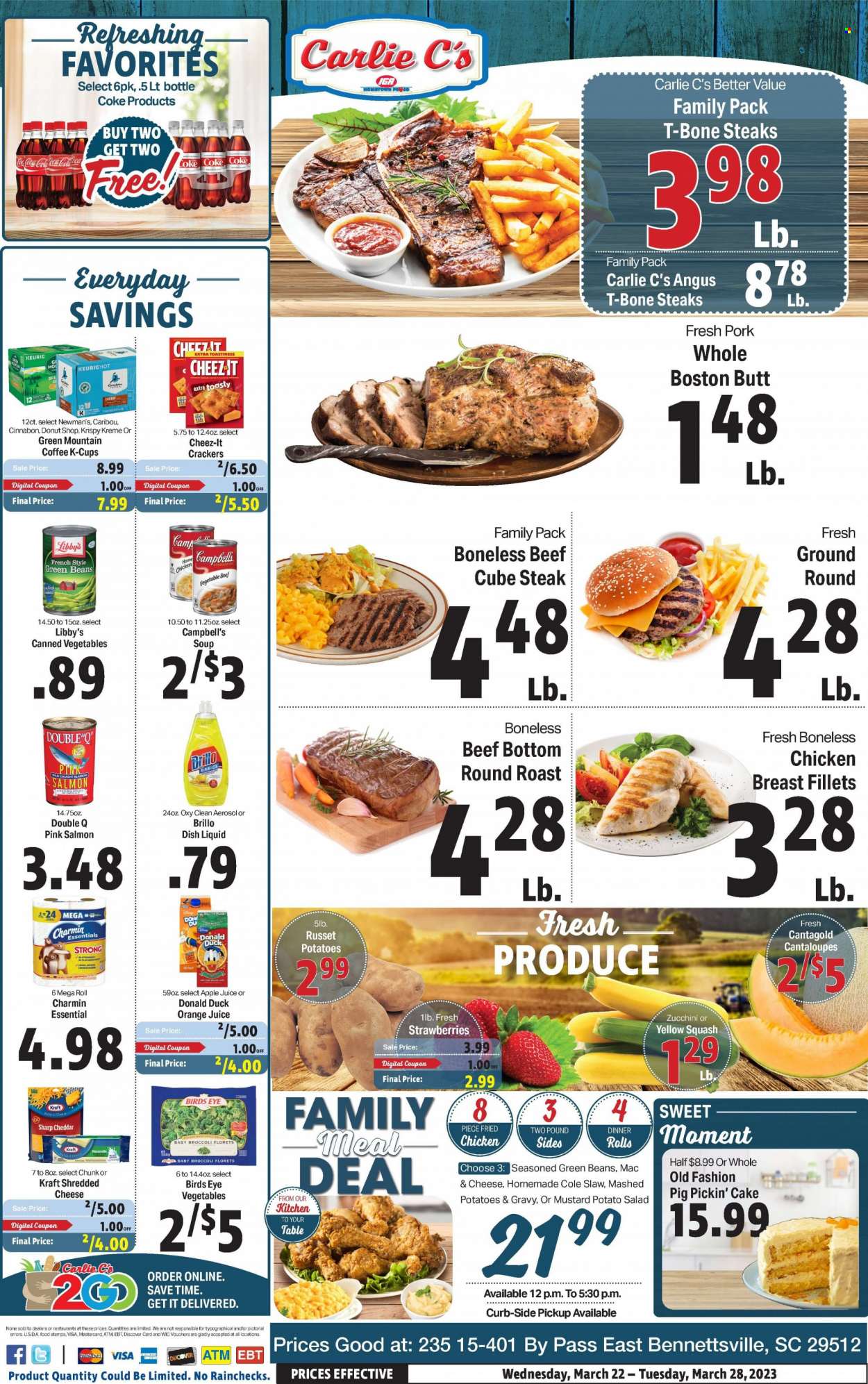 thumbnail - Carlie C's Flyer - 03/22/2023 - 03/28/2023 - Sales products - cake, dinner rolls, broccoli, cantaloupe, green beans, russet potatoes, zucchini, salad, yellow squash, strawberries, salmon, Campbell's, mashed potatoes, soup, Bird's Eye, Kraft®, boston butt, roast, potato salad, mozzarella, shredded cheese, crackers, Cheez-It, canned vegetables, mustard, apple juice, Coca-Cola, orange juice, juice, Coke, coffee, coffee capsules, K-Cups, Keurig, Green Mountain, chicken breasts, chicken, beef meat, t-bone steak, steak, round roast, Charmin, dishwashing liquid. Page 1.