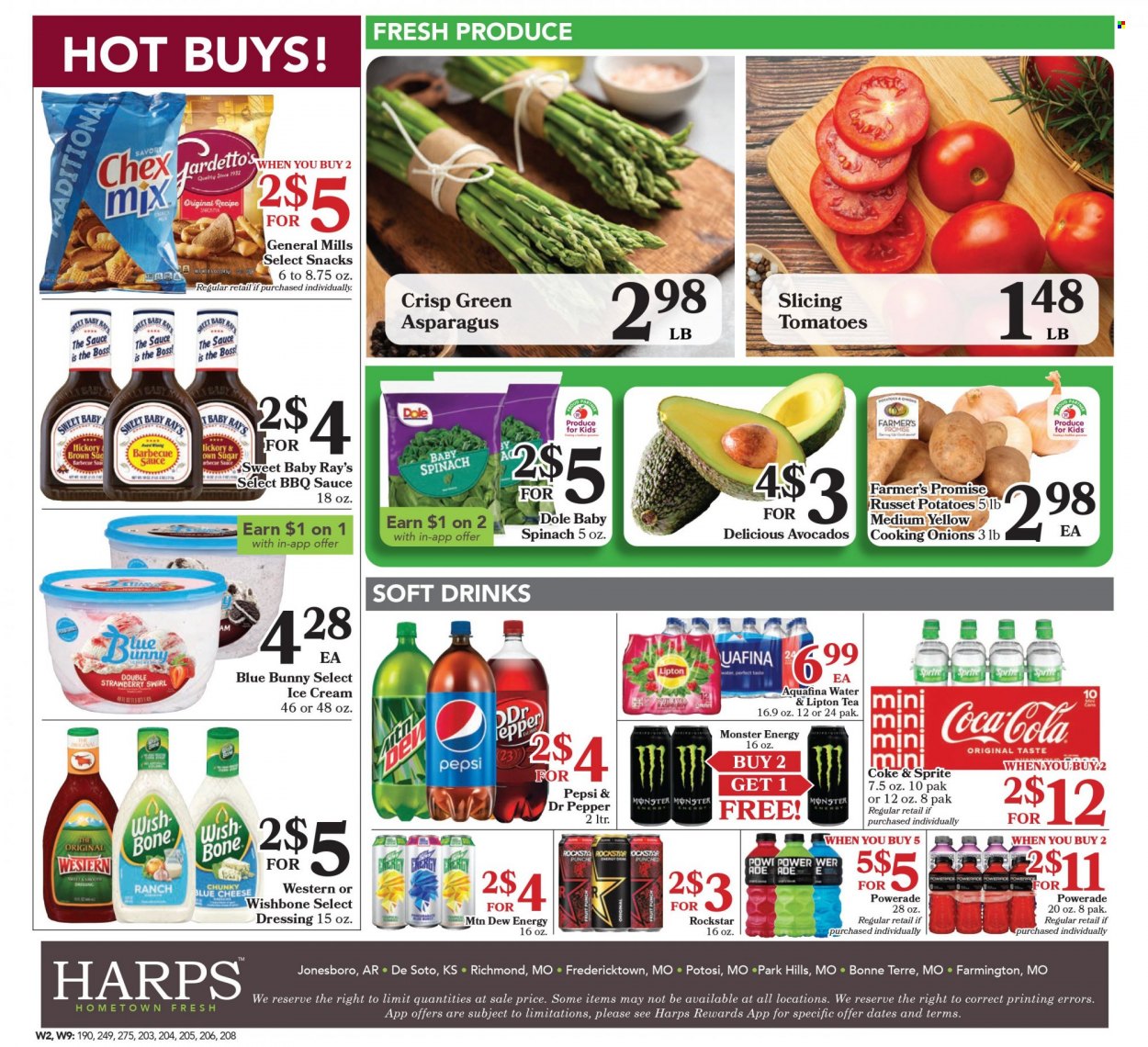 thumbnail - Harps Hometown Fresh Flyer - 03/22/2023 - 03/29/2023 - Sales products - russet potatoes, tomatoes, potatoes, onion, Dole, avocado, ice cream, Blue Bunny, snack, Chex Mix, sugar, BBQ sauce, dressing, Coca-Cola, Mountain Dew, Sprite, Powerade, Pepsi, Monster, Lipton, Dr. Pepper, soft drink, Monster Energy, Rockstar, Coke, Aquafina, water, tea. Page 11.
