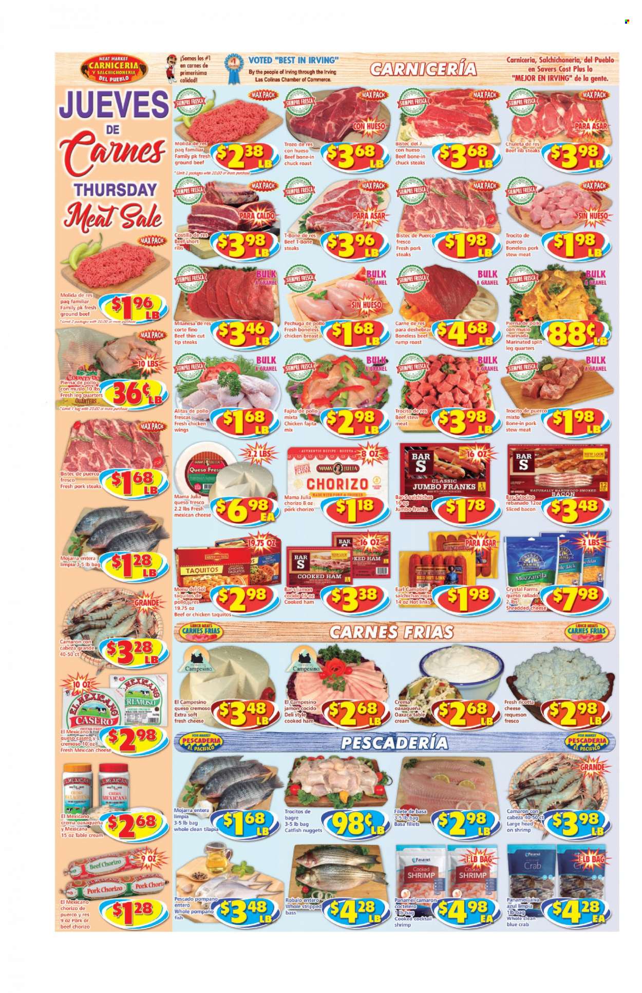 thumbnail - Savers Cost Plus Flyer - 03/22/2023 - 03/28/2023 - Sales products - stew meat, catfish, tilapia, pompano, crab, shrimps, catfish nuggets, Menu Del Sol, taquitos, fajita mix, roast, bacon, cooked ham, ham, chorizo, mozzarella, ricotta, shredded cheese, queso fresco, chicken wings, chicken breasts, chicken, beef meat, beef ribs, ground beef, t-bone steak, steak, chuck roast, ribs, pork chops, pork meat. Page 2.