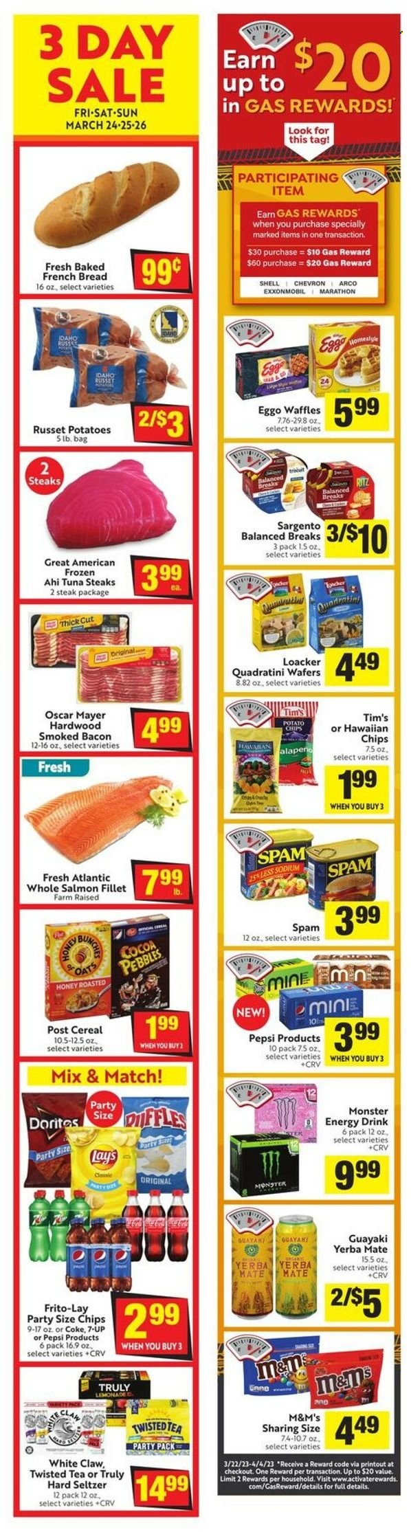 thumbnail - Save Mart Flyer - 03/22/2023 - 03/28/2023 - Sales products - bread, french bread, waffles, russet potatoes, steak, salmon, salmon fillet, tuna, bacon, Oscar Mayer, Spam, Sargento, wafers, M&M's, RITZ, potato chips, Lay’s, Frito-Lay, cereals, honey, Coca-Cola, lemonade, Pepsi, energy drink, Monster, 7UP, Monster Energy, Coke, tea, White Claw, Hard Seltzer, TRULY, beer, Twisted Tea. Page 5.
