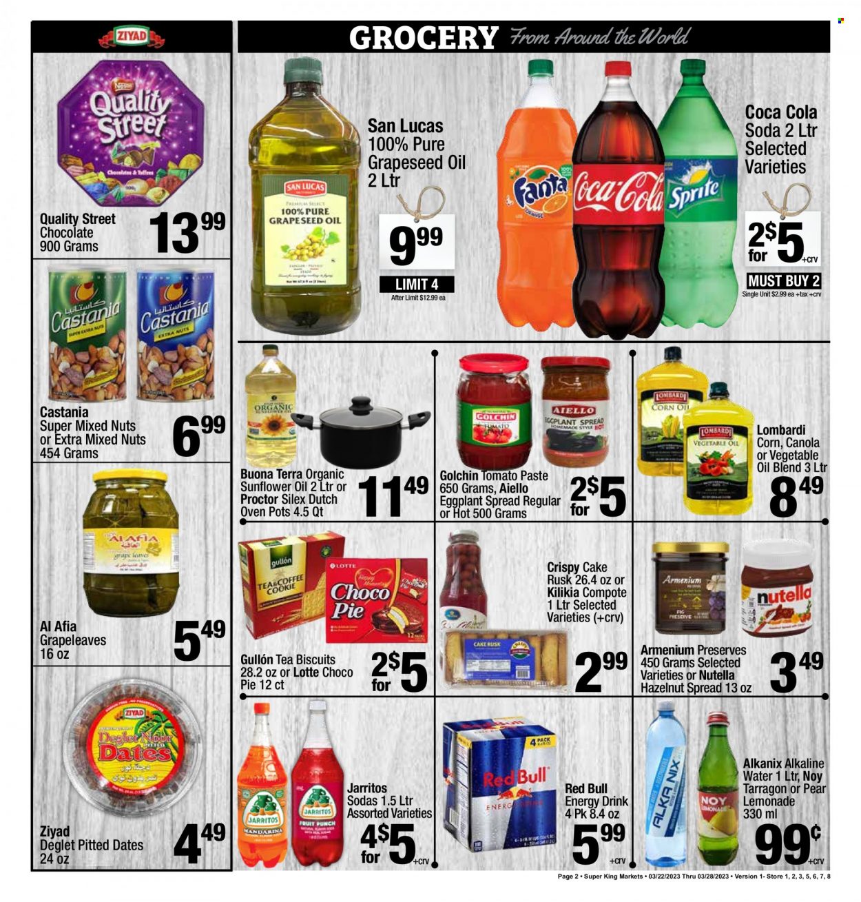 thumbnail - Super King Markets Flyer - 03/22/2023 - 03/28/2023 - Sales products - cake, pie, rusks, corn, eggplant, pears, Nutella, chocolate, biscuit, tomato paste, compote, sunflower oil, oil, grape seed oil, hazelnut spread, dried fruit, dried dates, mixed nuts, Coca-Cola, lemonade, energy drink, Red Bull, soda, alkaline water, water, tea. Page 2.