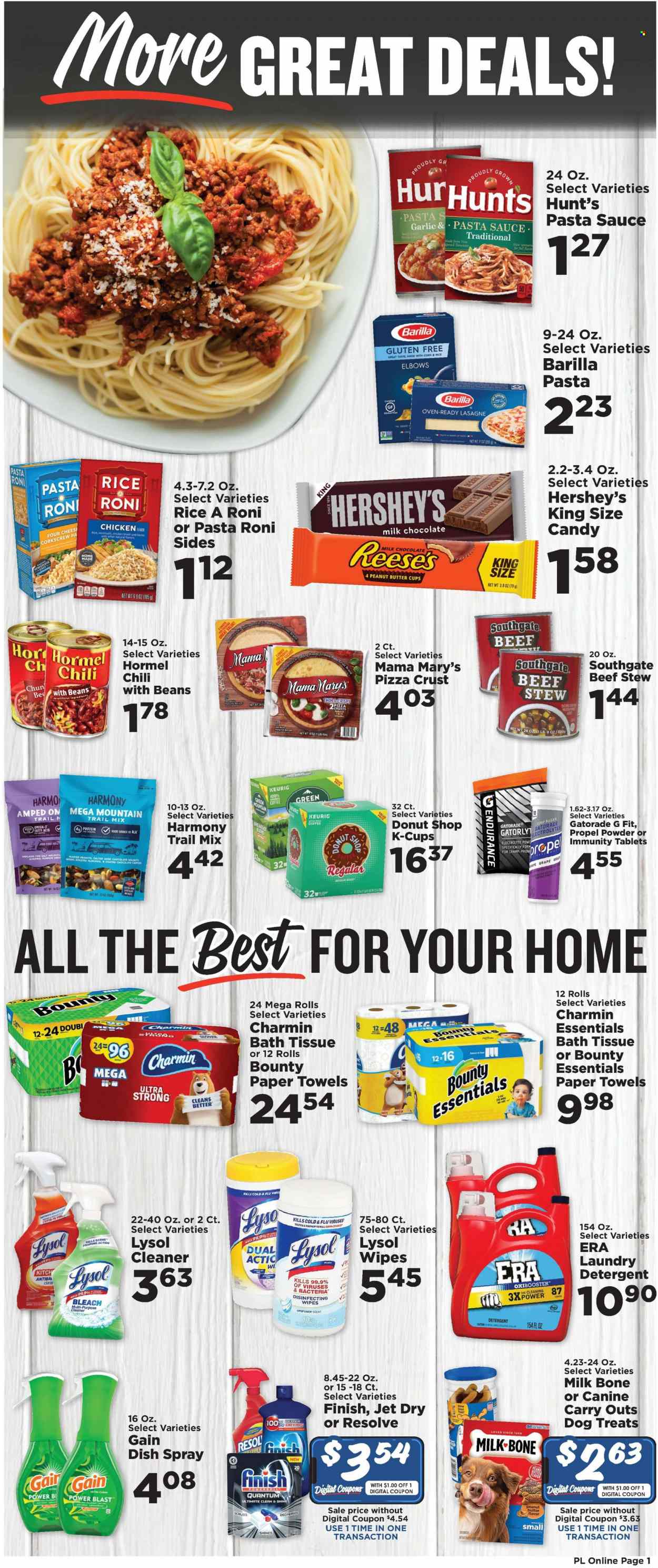 thumbnail - Price Less Foods Flyer - 03/22/2023 - 03/28/2023 - Sales products - corn, pizza, pasta sauce, Barilla, Hormel, roast, Reese's, Hershey's, milk chocolate, snack, Bounty, dark chocolate, peanut butter cups, chocolate candies, chicken broth, broth, almonds, roasted peanuts, walnuts, peanuts, trail mix, Gatorade, coffee, coffee capsules, K-Cups, Keurig, bath tissue, wipes, kitchen towels, paper towels, Charmin, detergent, Gain, cleaner, bleach, Lysol, laundry detergent, Jet. Page 6.