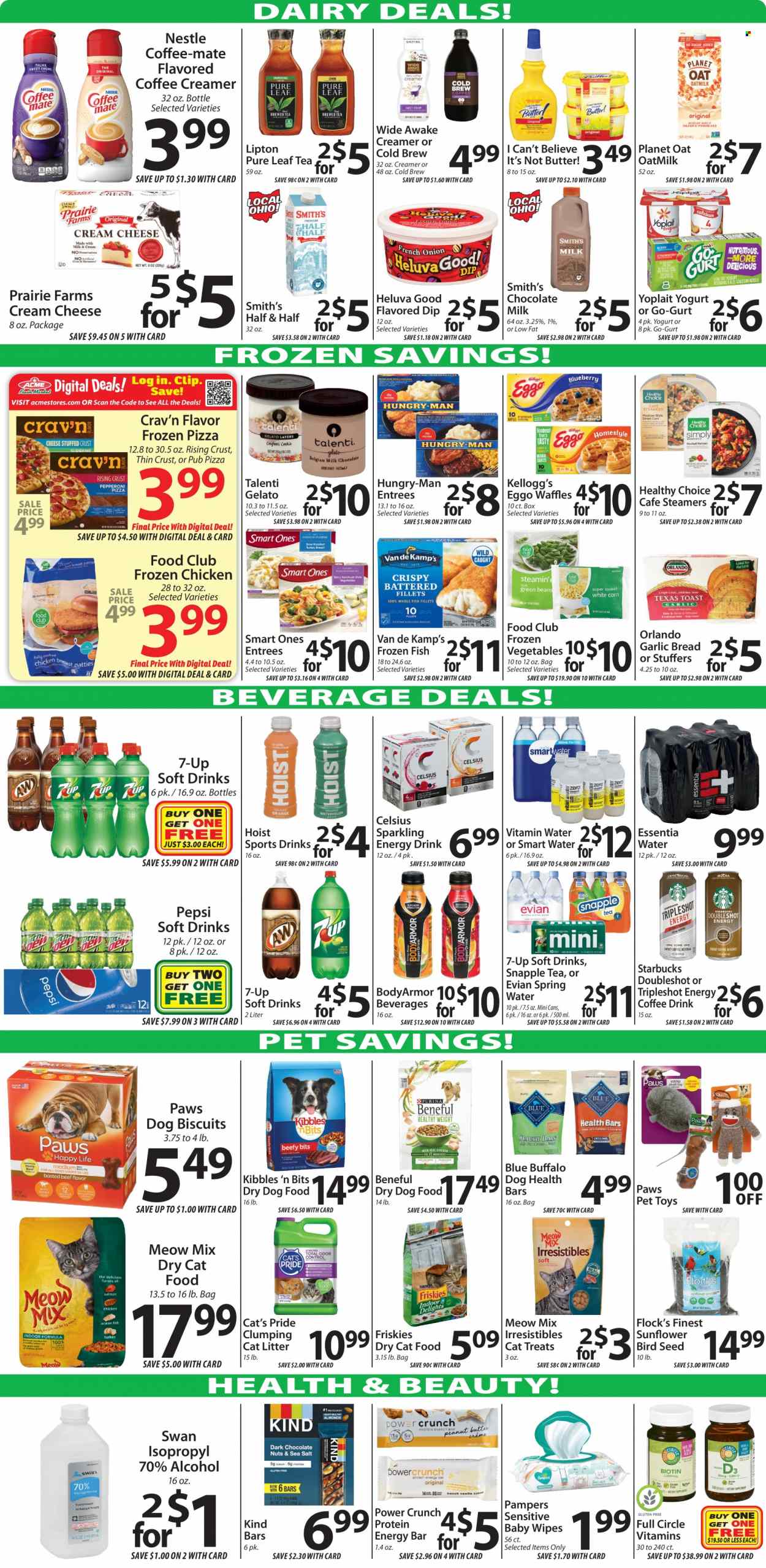 thumbnail - ACME Fresh Market Flyer - 03/23/2023 - 03/29/2023 - Sales products - bread, waffles, fish, Van de Kamp's, pizza, Healthy Choice, cream cheese, yoghurt, Yoplait, Coffee-Mate, milk, oat milk, butter, creamer, dip, Talenti Gelato, gelato, frozen vegetables, milk chocolate, Nestlé, Kellogg's, Smith's, oats, Pepsi, energy drink, Lipton, soft drink, 7UP, Snapple, spring water, Smartwater, Evian, water, tea, Pure Leaf, Starbucks, alcohol, chicken, wipes, Pampers, baby wipes, cat litter, Paws, Half and half. Page 3.