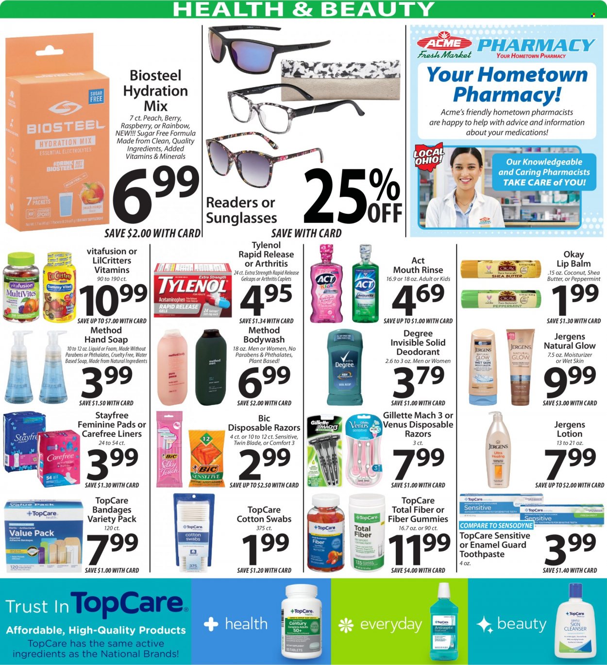 thumbnail - ACME Fresh Market Flyer - 03/23/2023 - 03/29/2023 - Sales products - coconut, water, hand soap, soap, toothpaste, Sensodyne, Stayfree, sanitary pads, Carefree, lip balm, moisturizer, body lotion, shea butter, Jergens, anti-perspirant, deodorant, BIC, Gillette, Venus, disposable razor, Trust, Tylenol, Vitafusion. Page 6.
