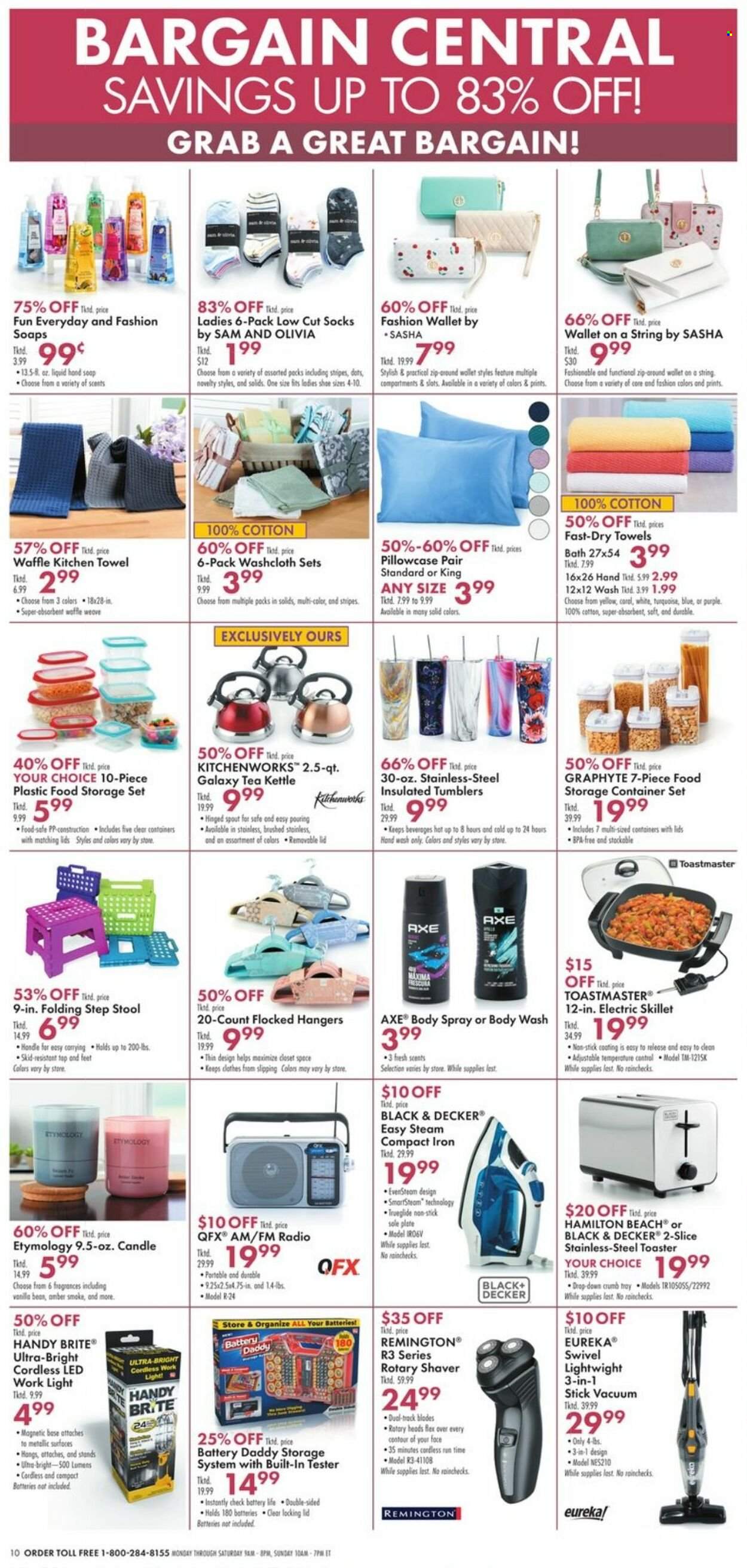 thumbnail - Boscov's Flyer - 03/23/2023 - 03/29/2023 - Sales products - shoes, body wash, hand soap, hand wash, soap, Brite, body spray, Axe, shaver, hanger, lid, tumbler, plate, container, storage container set, storage box, storage container, candle, kitchen towels, pillowcase, washcloth, radio, Black & Decker, electric frypan, toaster, kettle, iron, Remington, stool, closet system, socks, low cut socks, wallet, work light, contour. Page 10.