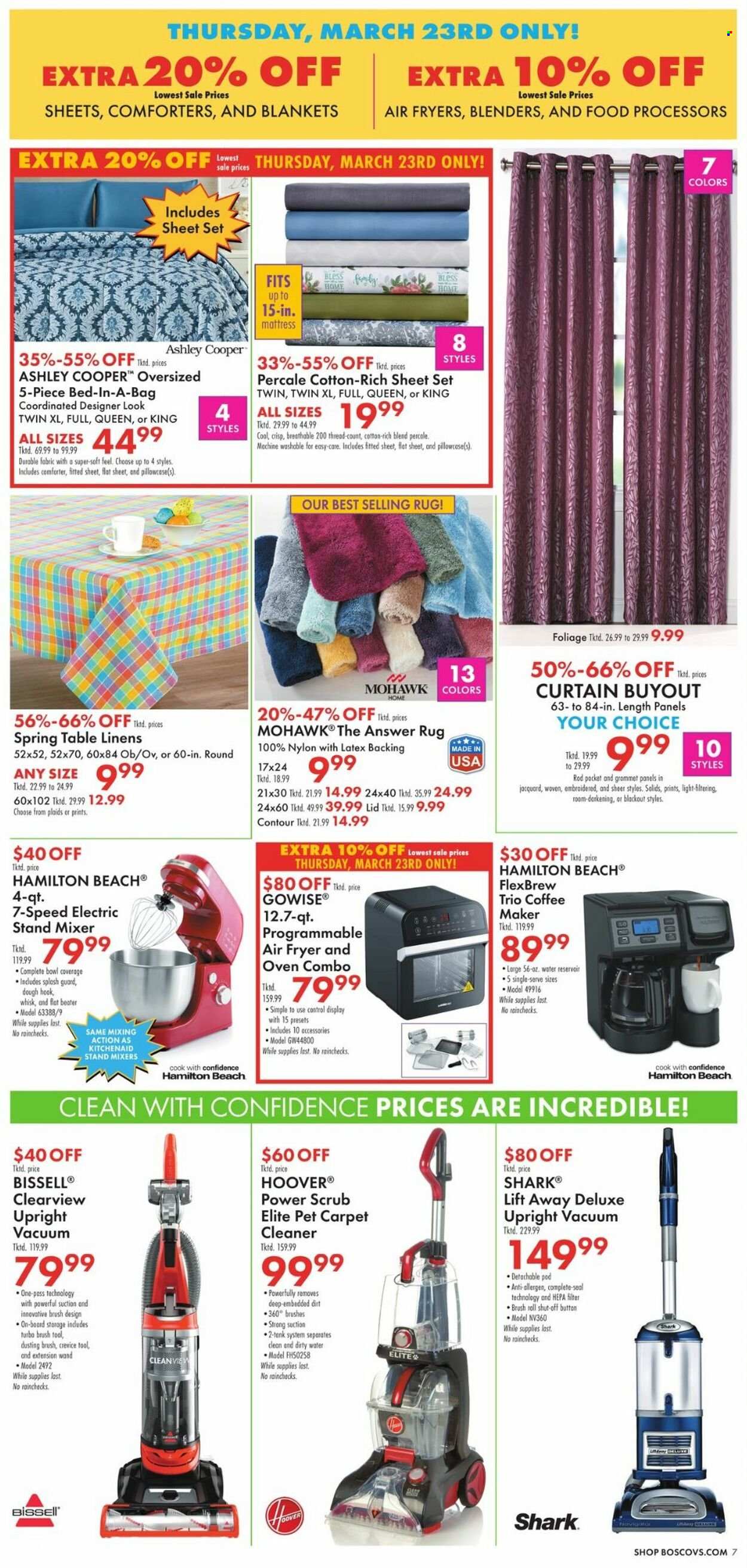 thumbnail - Boscov's Flyer - 03/23/2023 - 03/29/2023 - Sales products - KitchenAid, lid, bowl, blanket, comforter, linens, pillowcase, curtain, oven, coffee machine, Bissell, mixer, stand mixer, air fryer, carpet cleaner, table, bed, mattress, contour. Page 7.