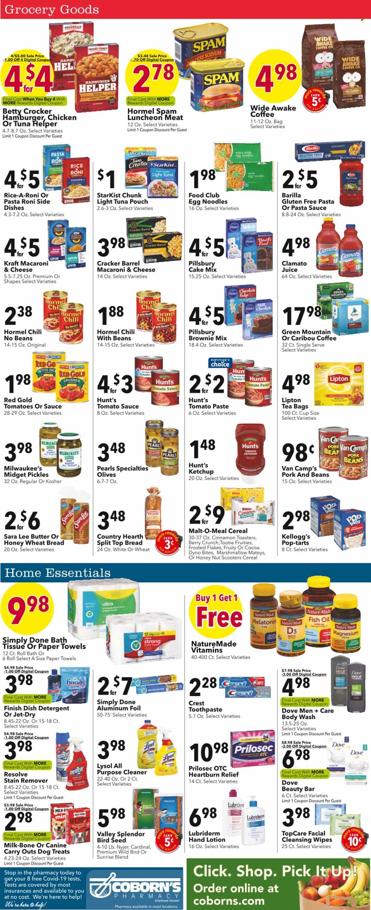 thumbnail - Coborn's Flyer - 03/22/2023 - 03/28/2023 - Sales products - wheat bread, Sara Lee, brownie mix, cake mix, tuna, StarKist, macaroni & cheese, spaghetti, pasta sauce, meatballs, Pillsbury, Barilla, noodles, Kraft®, Hormel, Spam, lunch meat, butter, Dove, fudge, marshmallows, milk chocolate, crackers, Kellogg's, Pop-Tarts, malt, tomato paste, tomato sauce, pickles, olives, light tuna, cereals, Frosted Flakes, rice, egg noodles, cinnamon, ketchup, juice, Lipton, Clamato, water, tea bags, coffee, Green Mountain, Ron Pelicano, chicken, cleansing wipes, wipes, bath tissue, kitchen towels, paper towels, detergent, cleaner, all purpose cleaner, stain remover, Lysol, dishwasher cleaner, Jet, body wash, toothpaste, Crest, body lotion, Lubriderm, cup, aluminium foil, animal food, bird food, fish oil, magnesium, Melatonin, Nature Made, vitamin D3. Page 3.