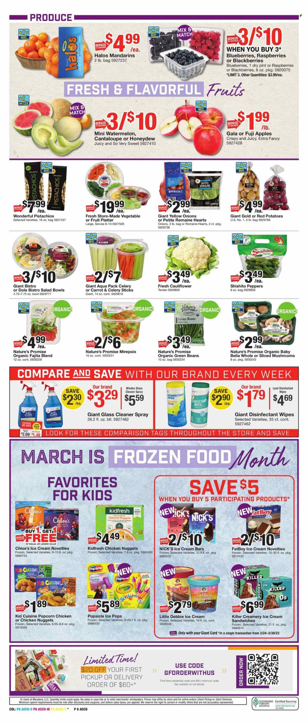 thumbnail - Giant Food Flyer - 03/24/2023 - 03/30/2023 - Sales products - mushrooms, Nature’s Promise, brownies, cantaloupe, cauliflower, green beans, potatoes, Dole, peppers, red potatoes, apples, blackberries, blueberries, Gala, mandarines, watermelon, honeydew, cherries, Fuji apple, nuggets, chicken nuggets, fajita mix, ice cream, ice cream bars, ice cream sandwich, Nick's Ice Cream, popcorn, celery sticks, sugar, oats, pistachios, wipes, Windex, cleaner, desinfection, Lysol, glass cleaner, salad bowl, bowl, platters, crayons, plant seeds. Page 10.