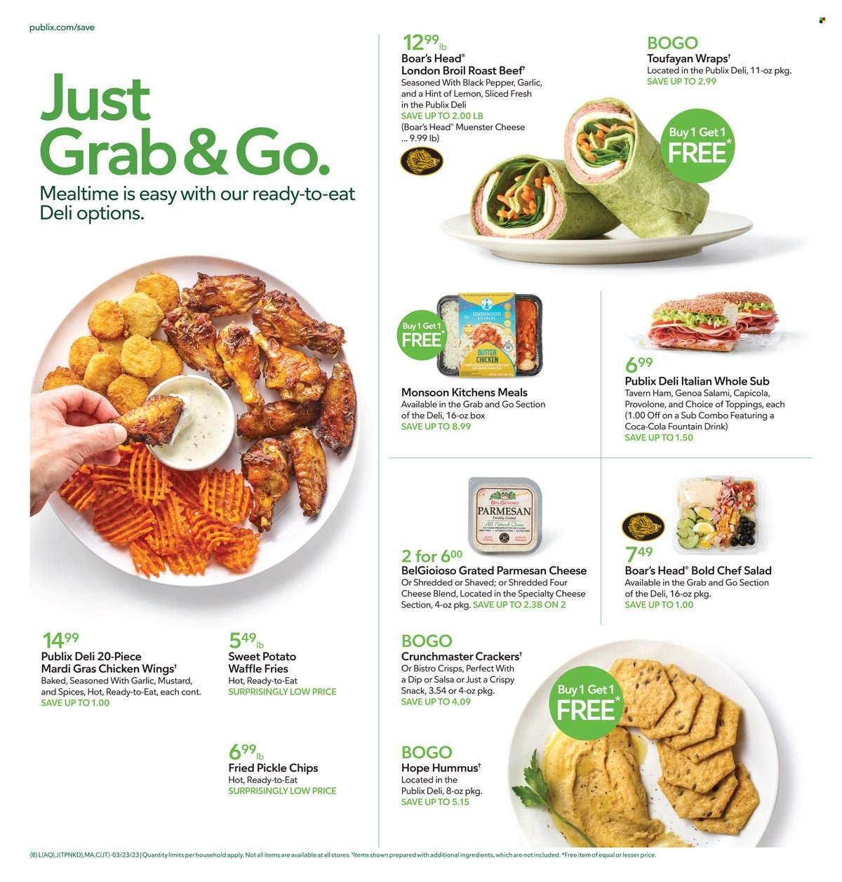 thumbnail - Publix Flyer - 03/23/2023 - 03/29/2023 - Sales products - wraps, sweet potato, roast, salami, ham, hummus, parmesan, Münster cheese, Provolone, chicken wings, potato fries, snack, crackers, chips, mustard, salsa, chicken, beef meat, roast beef. Page 17.