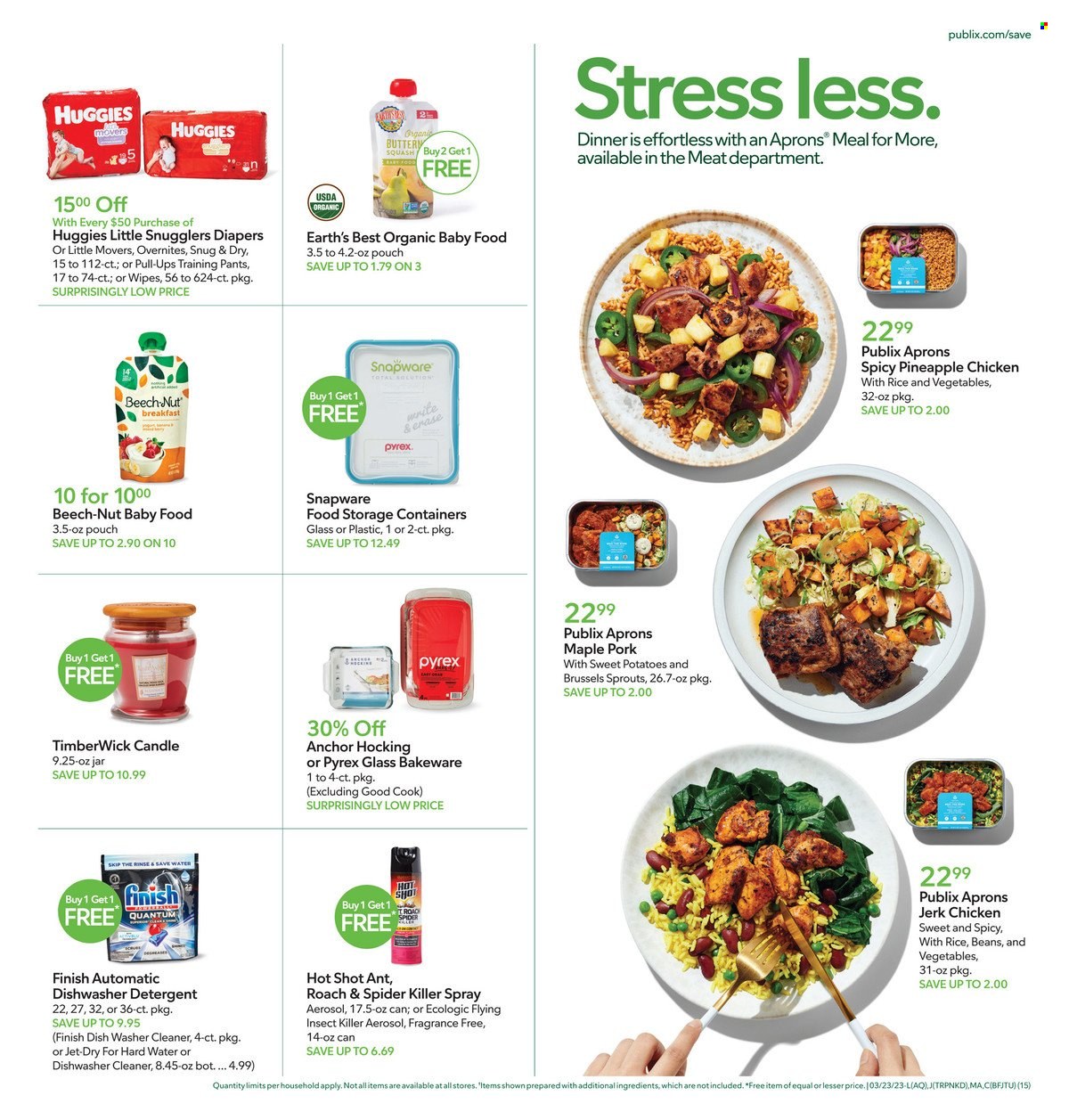 thumbnail - Publix Flyer - 03/23/2023 - 03/29/2023 - Sales products - sweet potato, brussel sprouts, pineapple, Anchor, water, organic baby food, wipes, Huggies, pants, nappies, baby pants, detergent, cleaner, dishwashing liquid, dishwasher cleaner, Finish Powerball, Finish Quantum Ultimate, Jet. Page 24.