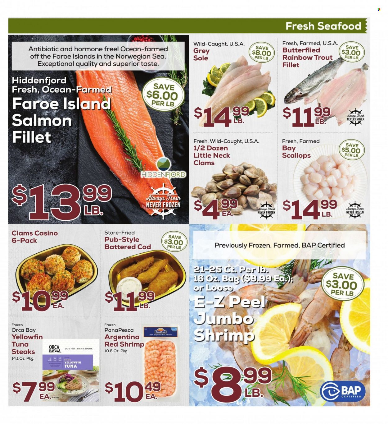 thumbnail - DeCicco & Sons Flyer - 03/24/2023 - 03/30/2023 - Sales products - clams, cod, salmon, salmon fillet, scallops, trout, tuna, seafood, fish, shrimps, Orca Bay, steak. Page 5.