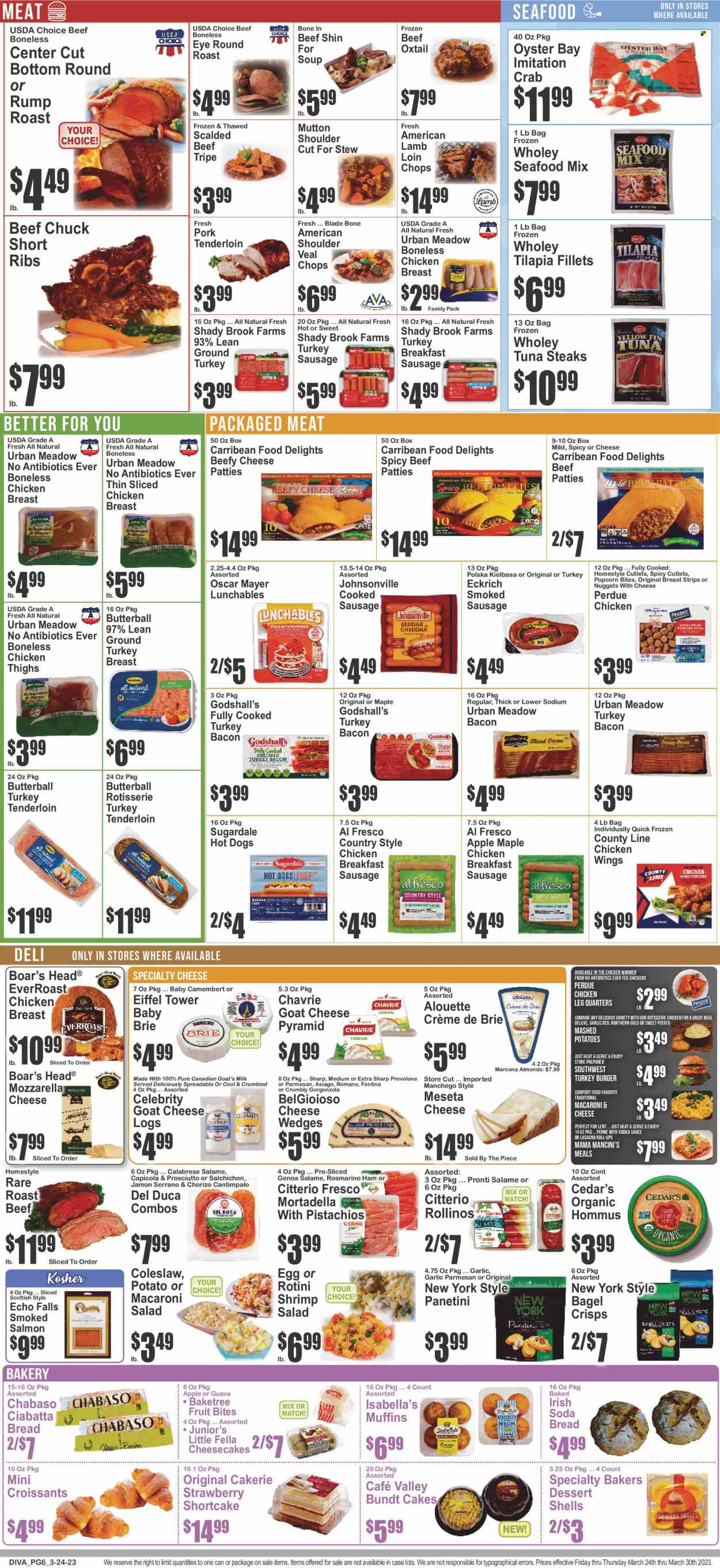 thumbnail - Food Dynasty Flyer - 03/24/2023 - 03/30/2023 - Sales products - bread, ciabatta, cake, croissant, soda bread, bundt, muffin, dessert shells, sweet potato, salad, guava, salmon, smoked salmon, tilapia, tuna, oysters, seafood, crab, shrimps, coleslaw, macaroni & cheese, mashed potatoes, hot dog, chicken roast, soup, nuggets, hamburger, Perdue®, Lunchables, Sugardale, roast, bacon, Butterball, mortadella, turkey bacon, ham, prosciutto, Johnsonville, Oscar Mayer, sausage, smoked sausage, kielbasa, hummus, macaroni salad, asiago, camembert, Fontina, goat cheese, Manchego, mozzarella, brie, gorgonzola, Provolone, milk, eggs, chicken wings, strips, popcorn, bagel crisps, penne, almonds, vodka, ground turkey, turkey breast, chicken breasts, chicken legs, chicken thighs, turkey tenderloin, chicken, beef meat, beef ribs, beef tripe, veal cutlet, veal meat, oxtail, steak, round roast, roast beef, ribs, turkey burger, pork meat, pork tenderloin, lamb loin, lamb meat, mutton meat, Bakers. Page 6.