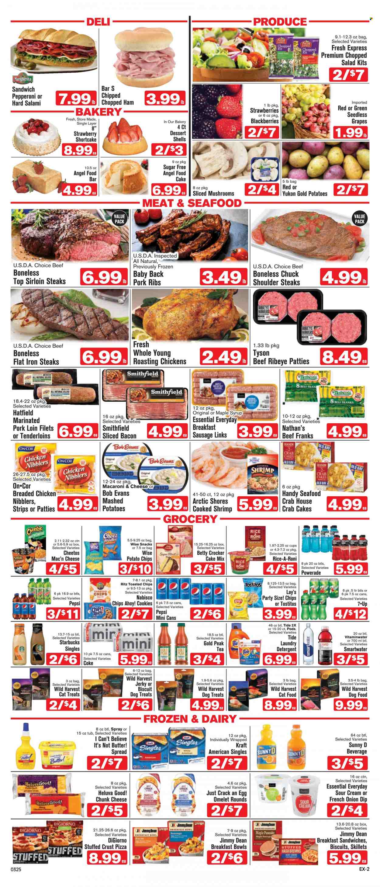 thumbnail - Shop ‘n Save Express Flyer - 03/25/2023 - 03/31/2023 - Sales products - mushrooms, Angel Food, dessert shells, cake mix, kale, salad, Wild Harvest, chopped salad, blackberries, grapes, seedless grapes, strawberries, chicken, steak, sirloin steak, ribs, hamburger, Bob Evans, pork loin, pork meat, pork ribs, pork back ribs, shrimps, Arctic Shores, crab cake, macaroni & cheese, pizza, sandwich, fried chicken, breakfast bowl, pancakes, Kraft®, Jimmy Dean, bacon, salami, ham, jerky, sausage, pepperoni, Colby cheese, sandwich slices, Kraft Singles, chunk cheese, I Can't Believe It's Not Butter, sour cream, dip, strips, hash browns, cookies, snack, biscuit, Chips Ahoy!, RITZ, potato chips, Cheetos, Lay’s, Tostitos, maple syrup, syrup, Coca-Cola, Powerade, Pepsi, Gold Peak Tea, Coke, Smartwater, tea, Starbucks, detergent, Tide, laundry detergent, animal food, cat food, dog food. Page 2.