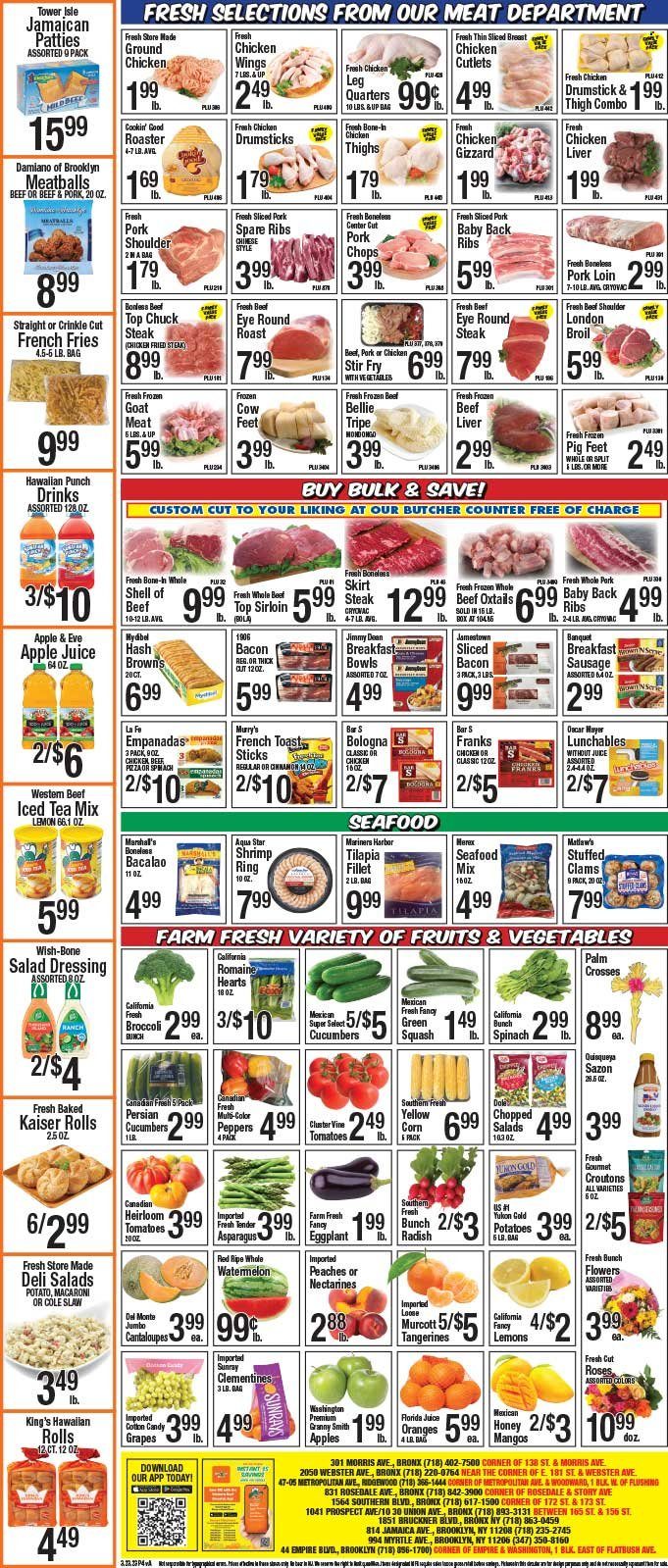 thumbnail - Western Beef Flyer - 03/23/2023 - 03/29/2023 - Sales products - hawaiian rolls, asparagus, broccoli, cantaloupe, corn, cucumber, zucchini, potatoes, peppers, eggplant, chopped salad, grapes, watermelon, oranges, Granny Smith, ground chicken, chicken breasts, chicken cutlets, chicken legs, chicken thighs, chicken wings, chicken drumsticks, chicken livers, chicken, beef liver, beef meat, oxtail, steak, eye of round, round roast, round steak, chuck steak, ribs, roast, pork chops, pork loin, pork meat, pork ribs, pork shoulder, pork spare ribs, pork back ribs, goat meat, clams, tilapia, seafood, shrimps, pizza, meatballs, macaroni, breakfast bowl, Lunchables, Jimmy Dean, empanadas, bacon, ham, bologna sausage, Oscar Mayer, sausage, potato fries, french fries, cotton candy, croutons, Del Monte, cinnamon, salad dressing, dressing, honey, apple juice, juice, ice tea, beer, clementines, nectarines, tangerines, lemons, peaches. Page 4.