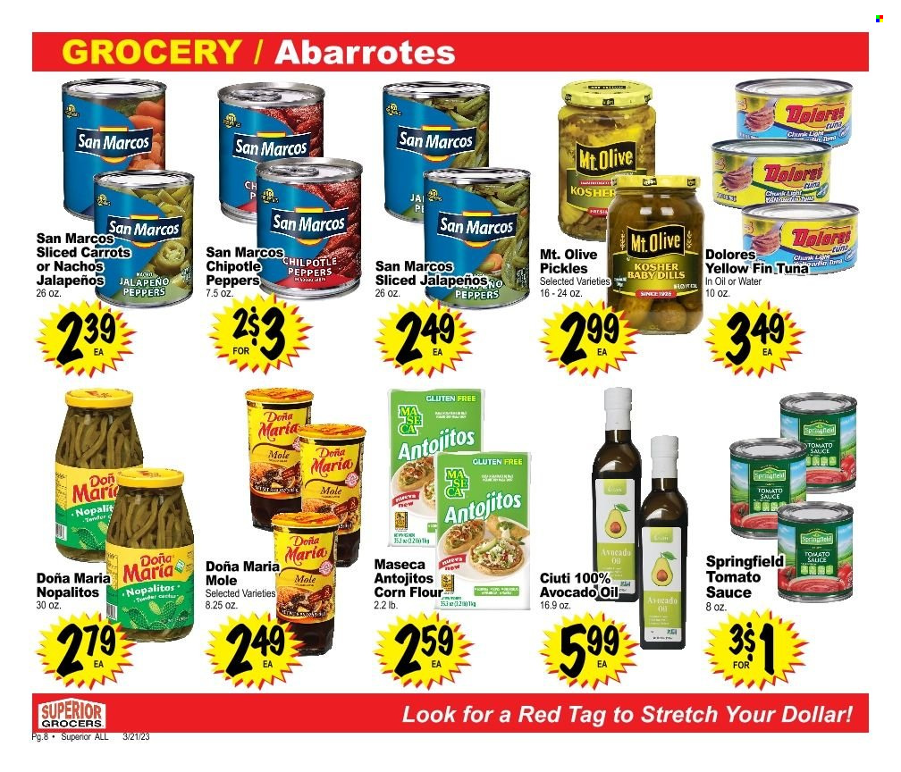 thumbnail - Superior Grocers Flyer - 03/21/2023 - 04/17/2023 - Sales products - carrots, corn, jalapeño, tuna, sauce, flour, corn flour, tomato sauce, pickles, avocado oil, water. Page 8.