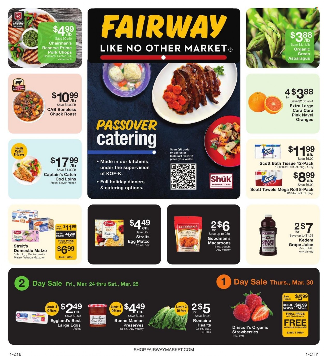 thumbnail - Fairway Market Flyer - 03/24/2023 - 03/30/2023 - Sales products - macaroons, asparagus, strawberries, oranges, cod, roast, large eggs, juice, Kedem, beef meat, chuck roast, pork chops, pork meat, navel oranges. Page 1.