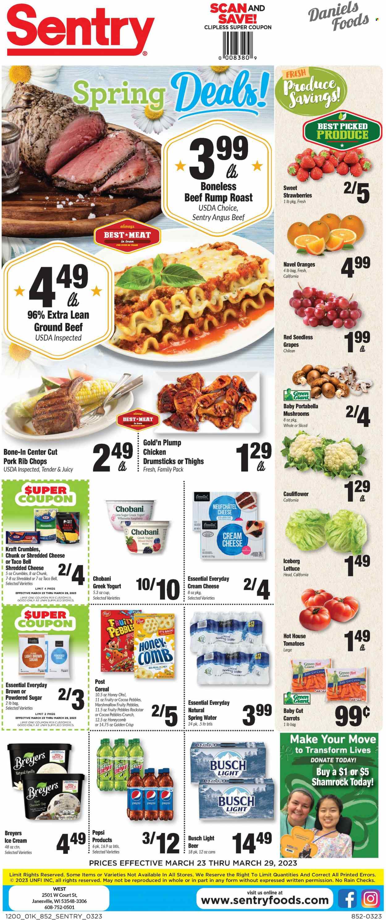 thumbnail - Sentry Foods Flyer - 03/23/2023 - 03/29/2023 - Sales products - corn, tomatoes, grapes, seedless grapes, oranges, Kraft®, roast, cream cheese, mozzarella, Neufchâtel, shredded cheese, cheese, greek yoghurt, yoghurt, Chobani, milk, marshmallows, chocolate chips, chips, cane sugar, icing sugar, cereals, Fruity Pebbles, rice, honey, Pepsi, Rockstar, spring water, water, beer, Busch, chicken drumsticks, chicken, beef meat, ground beef, rib chops, comb, navel oranges. Page 1.
