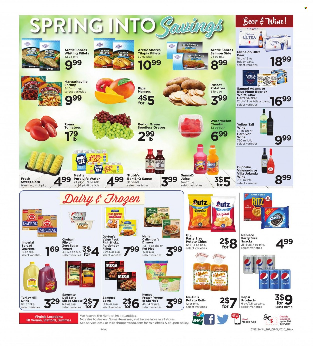 thumbnail - Shoppers Flyer - 03/23/2023 - 03/29/2023 - Sales products - potato rolls, pot pie, broccoli, corn, russet potatoes, tomatoes, sweet corn, grapes, mango, seedless grapes, watermelon, tilapia, fish, shrimps, whiting fillets, fish fingers, whiting, Gorton's, Arctic Shores, fish sticks, sauce, Marie Callender's, mild cheddar, sliced cheese, cheese, Provolone, Kemps, Sargento, Oreo, Chobani, Nestlé, snack, RITZ, potato chips, Pepsi, juice, fruit punch, purified water, Pure Life Water, water, Cupcake Vineyards, White Claw, Hard Seltzer, beer, Blue Moon, Michelob. Page 6.