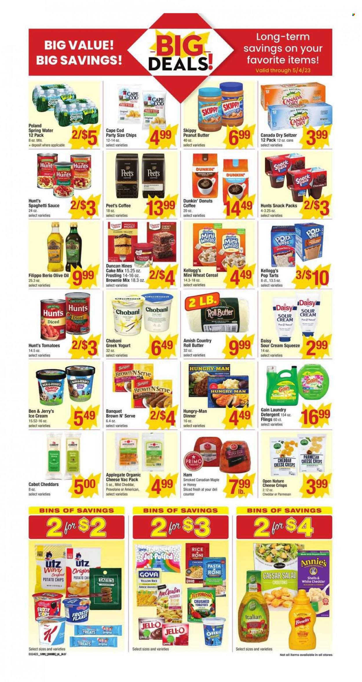 thumbnail - Star Market Flyer - 03/24/2023 - 03/30/2023 - Sales products - donut, Dunkin' Donuts, brownie mix, cake mix, tomatoes, salad, cod, spaghetti, pasta, sauce, Annie's, spaghetti sauce, ham, mild cheddar, parmesan, cheese, Provolone, greek yoghurt, Oreo, yoghurt, Chobani, sour cream, ice cream, Ben & Jerry's, fudge, Kellogg's, Pop-Tarts, potato chips, chips, croutons, frosting, Jell-O, crushed tomatoes, cereals, rice, olive oil, oil, peanut butter, Canada Dry, seltzer water, spring water, water, coffee, chicken. Page 5.