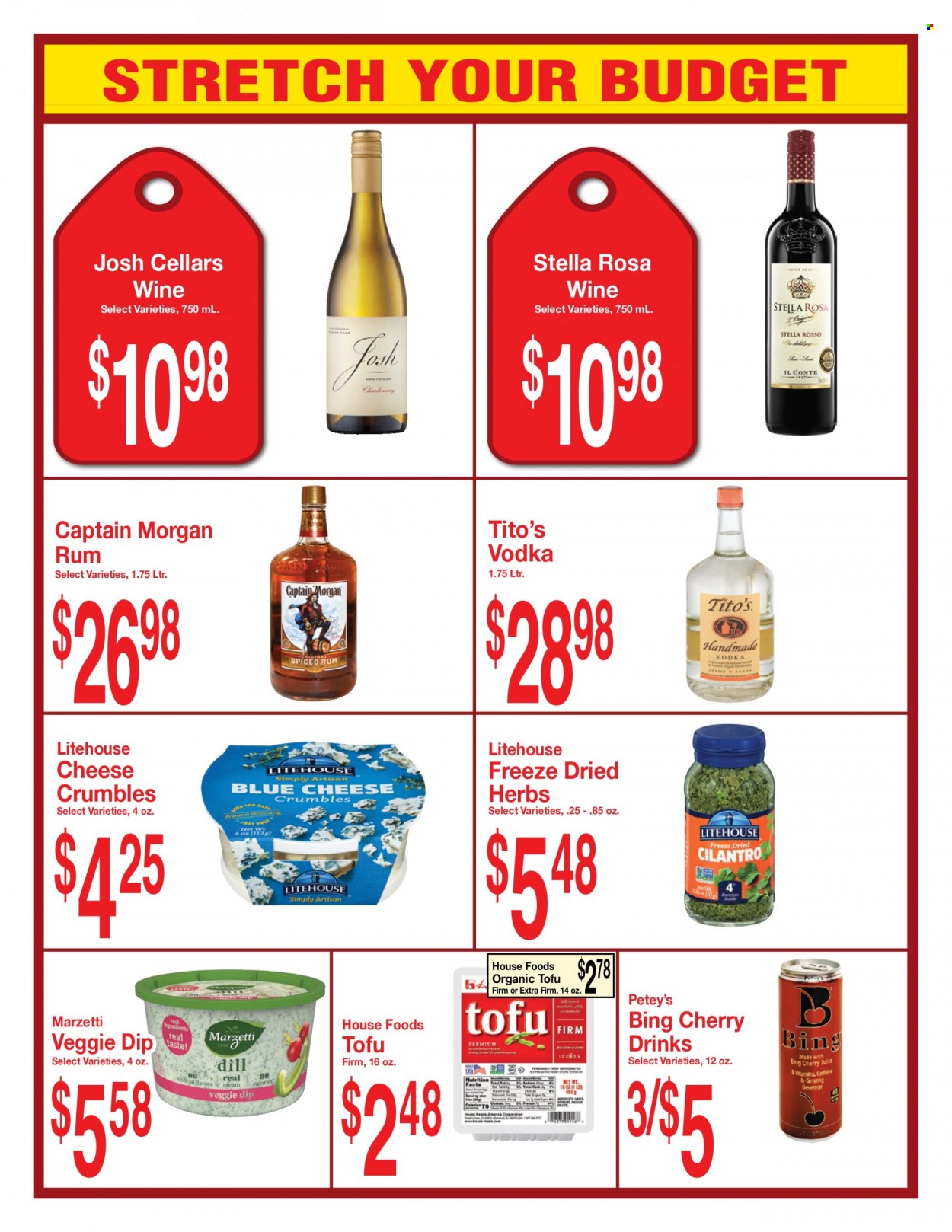 thumbnail - Super Saver Flyer - 03/22/2023 - 04/18/2023 - Sales products - cherries, cheese, tofu, cheese crumbles, cilantro, dill, cherry juice, juice, Chardonnay, wine, Captain Morgan, rum, spiced rum, vodka, pot. Page 7.