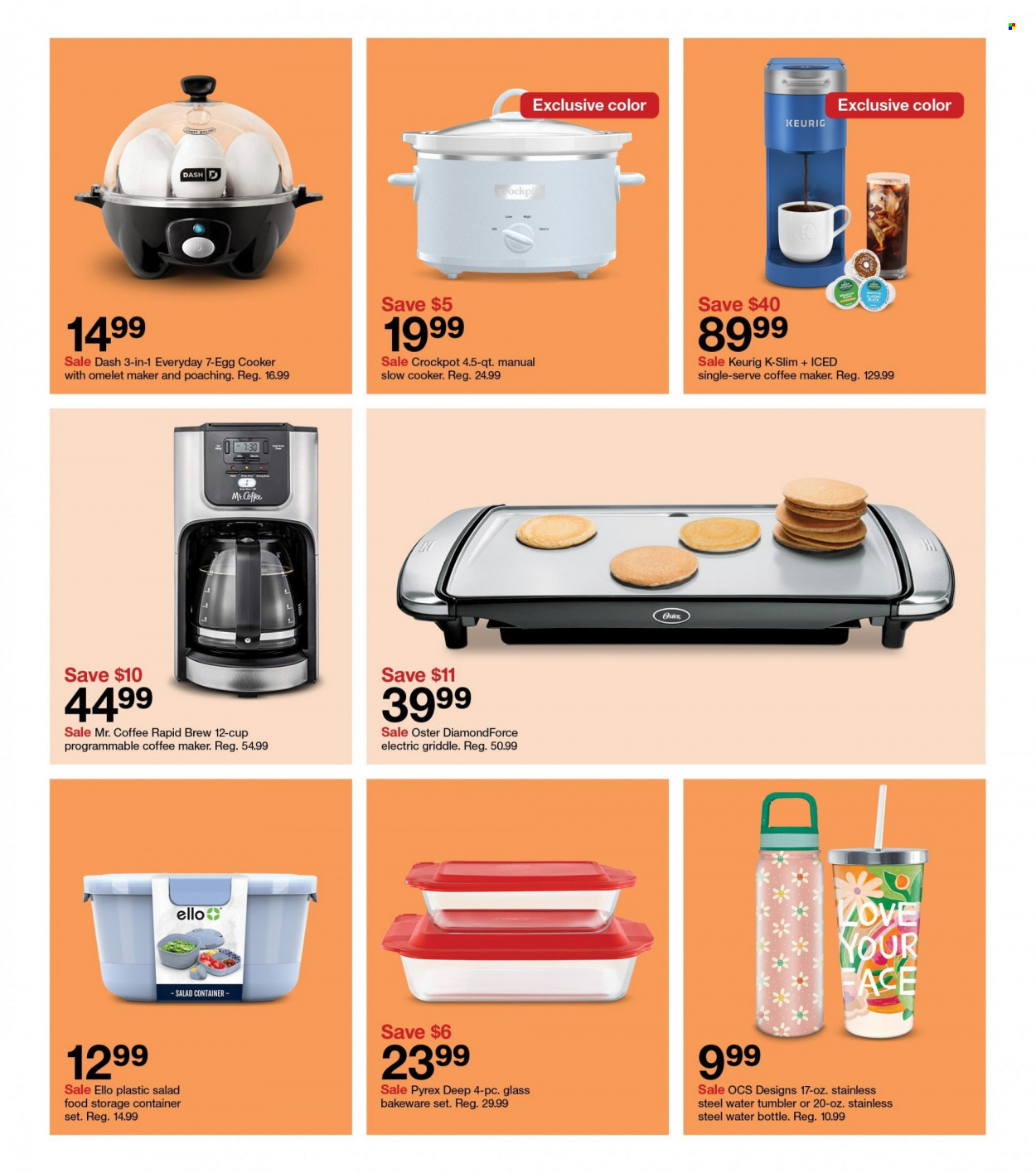 thumbnail - Target Flyer - 03/26/2023 - 04/01/2023 - Sales products - salad, water, Keurig, tumbler, drink bottle, bakeware, Pyrex, container, storage container set, storage box, storage container, coffee machine, slow cooker, CrockPot. Page 28.