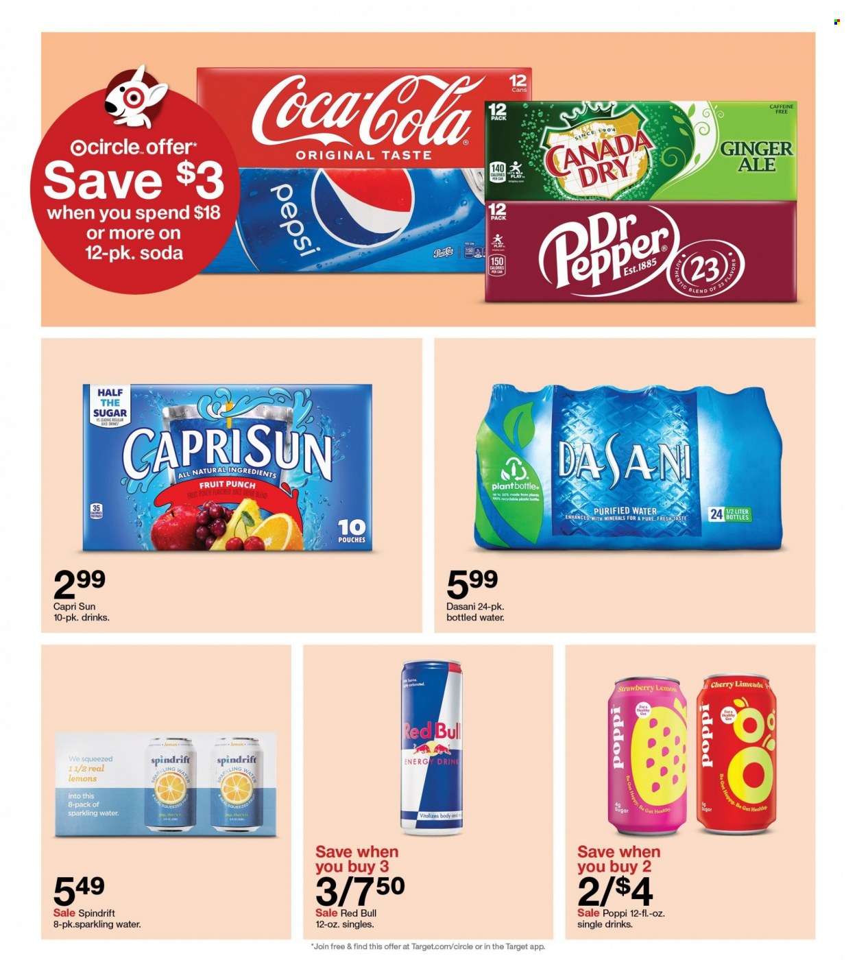 thumbnail - Target Flyer - 03/26/2023 - 04/01/2023 - Sales products - cherries, pepper, Canada Dry, Capri Sun, Coca-Cola, ginger ale, Pepsi, energy drink, Red Bull, Spindrift, fruit punch, soda, sparkling water, bottled water, purified water, water, Target, lemons. Page 38.