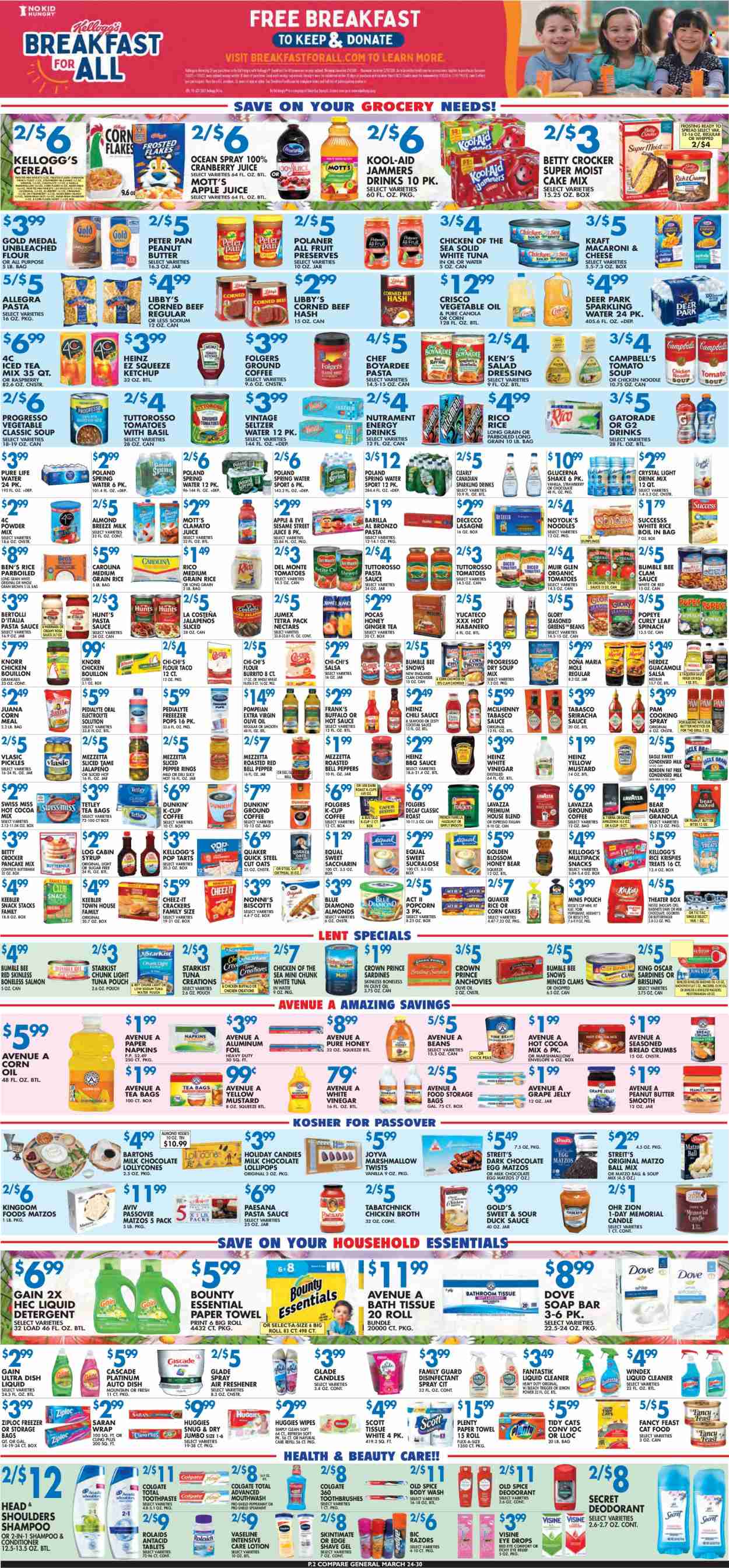 thumbnail - Compare Foods Flyer - 03/24/2023 - 03/30/2023 - Sales products - tart, breadcrumbs, cake mix, bell peppers, peas, peppers, jalapeño, Mott's, mackerel, sardines, StarKist, beef hash, Campbell's, macaroni & cheese, tomato soup, pasta sauce, soup mix, soup, Bumble Bee, Knorr, pancakes, dumplings, Barilla, fajita, burrito, Quaker, noodles, Progresso, Kraft®, Bertolli, roast, guacamole, corned beef, Swiss Miss, buttermilk, milkshake, condensed milk, Almond Breeze, shake, Blossom, Reese's, Hershey's, biscotti, Dove, milk chocolate, Nestlé, snack, Bounty, KitKat, jelly, crackers, lollipop, Kellogg's, dark chocolate, Tic Tac, Pop-Tarts, Keebler, Sesame Street, popcorn, Cheez-It, bouillon, Crisco, frosting, tabasco, chicken broth, oatmeal, oats, broth, anchovies, tomato sauce, Heinz, pickles, light tuna, Chicken of the Sea, clam chowder, Chef Boyardee, Del Monte, cereals, granola, corn flakes, Rice Krispies, Frosted Flakes, Raisin Bran, white rice, medium grain rice, pepper, spice, cinnamon, BBQ sauce, cocktail sauce, duck sauce, mustard, salad dressing, sriracha, hot sauce, ketchup, chilli sauce, dressing, salsa, cooking spray, corn oil, extra virgin olive oil, vegetable oil, vinegar, grape jelly, honey, syrup, Blue Diamond, apple juice, cranberry juice, juice, energy drink, Clamato, Gatorade, Pedialyte, seltzer water, spring water, sparkling water, Pure Life Water, water, hot cocoa, tea bags, coffee, Folgers, ground coffee, coffee capsules, K-Cups, Lavazza, beef meat, Glucerna, eye drops, antibacterial spray, Antacid. Page 2.